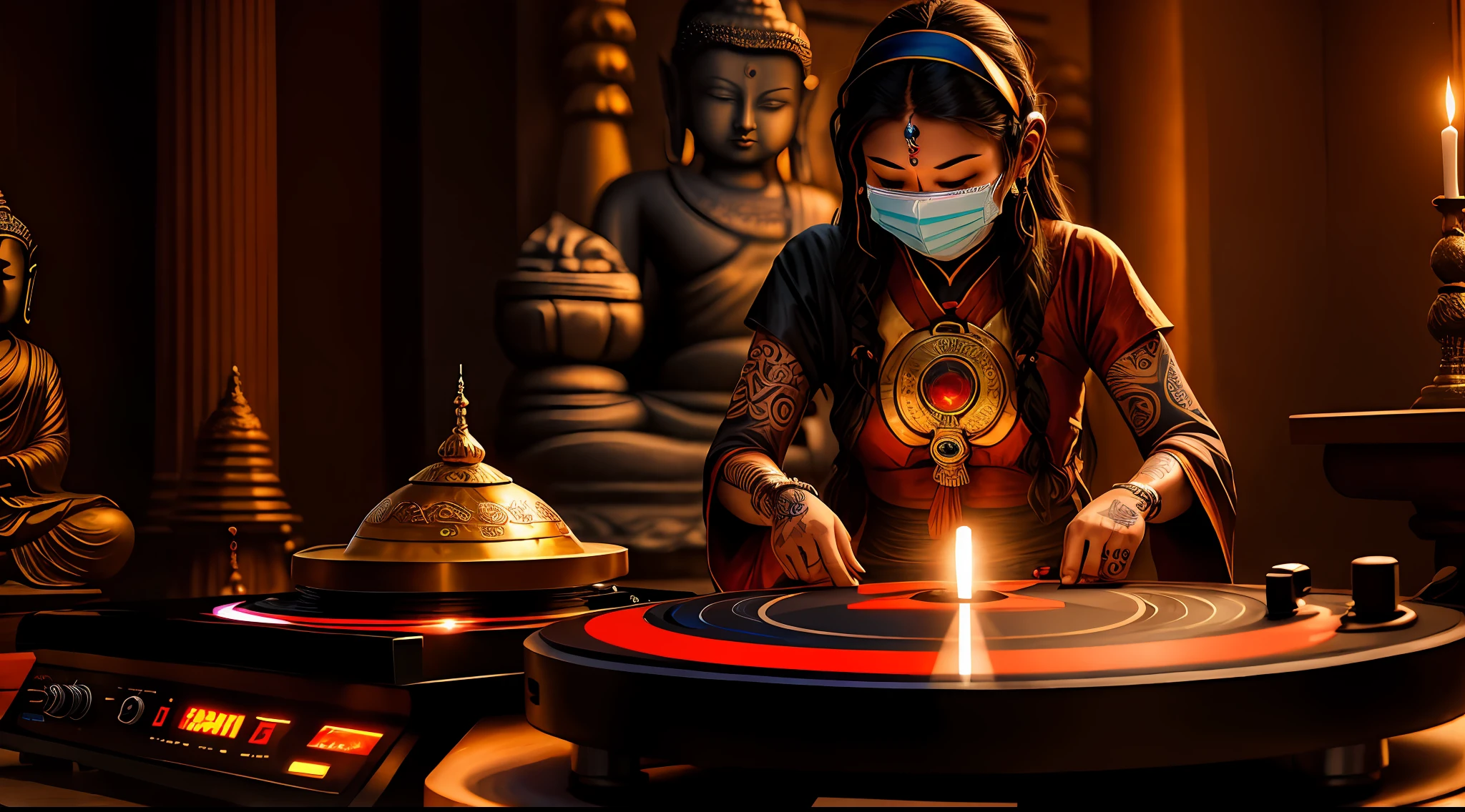 Ultra-detailed young tantric priestess with tattoos and percings and an ironman mask mixing music on a turntable at a Hindu temple next to a photo-realistic Buddha statue --auto