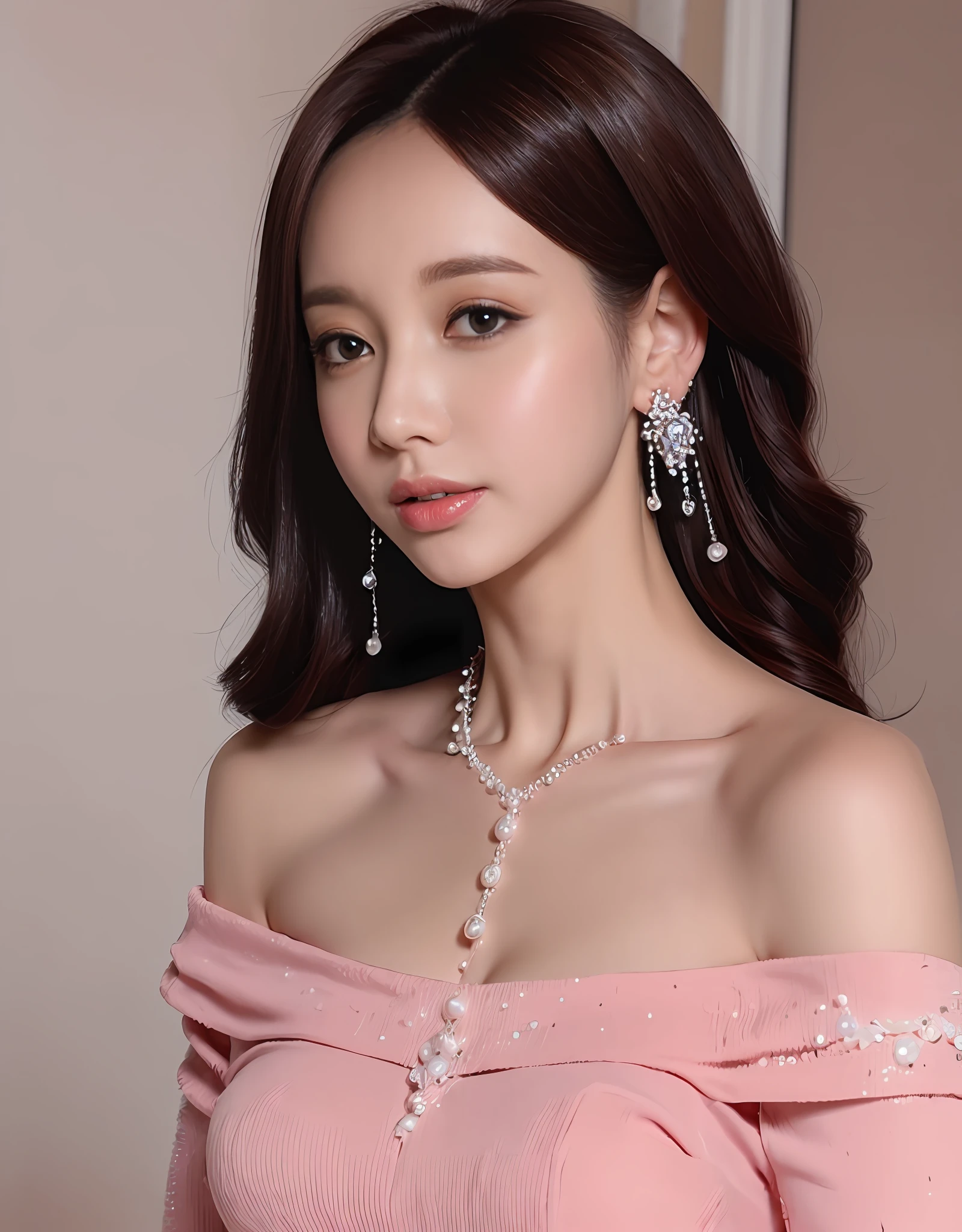 Close up of woman in pink off-shoulder top, curly black hair, pearl drop earrings. (8K, Best Quality : 1.2), (Masterpiece, Photorealistic : 1.3), Super Detail