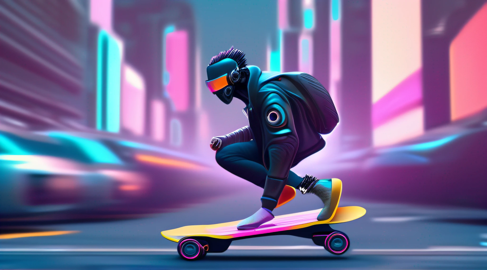 There's a man riding a turbo skateboard on a city street, Sofrer, cyberpunk robot, em estilo de bipe, fashionable cyberpunk mechanoid, no estilo cyberpunk, tem estilo cyberpunk, em cyberpunk city, 3 d render bipe, style hybrid mix of beeple, Estilo de arte cyberpunk, estilo Cyberpunk silenciado, Estilo Beeple, Cyberpunk Rua Goon, cyberpunk mechanoid, Sofremos cyberpunk, skate turbo