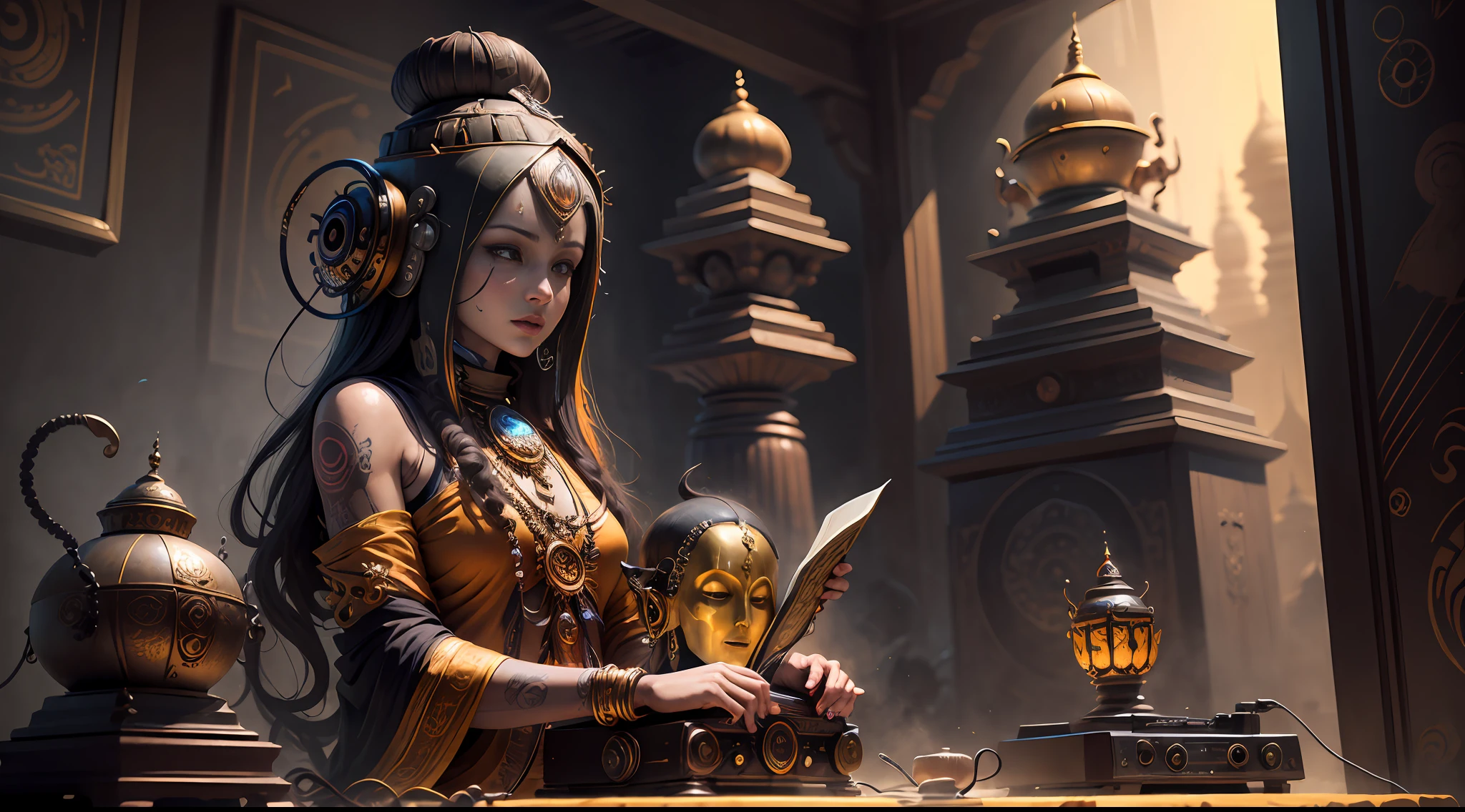 Ultra-detailed young tantric priestess with tattoos and percings and an ironman mask mixing music on a record player at a Hindu temple next to a photorealistic Buddha statue --auto
