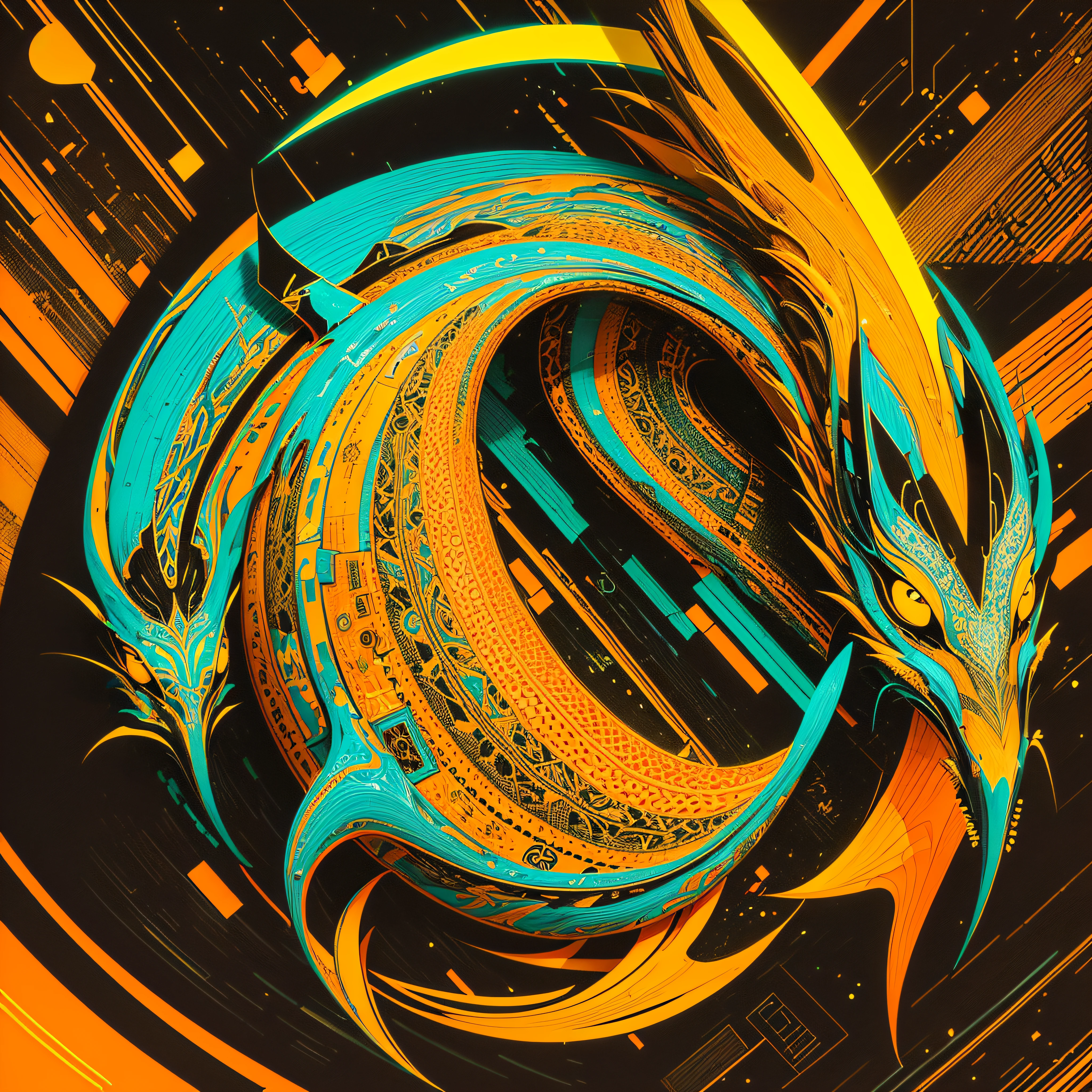 esilo pattern geometricos de tela colorfull, textura colorida, simbolos inkas y indues, colores. orange, neon, yellow , black, neon, 2d, 4k --auto