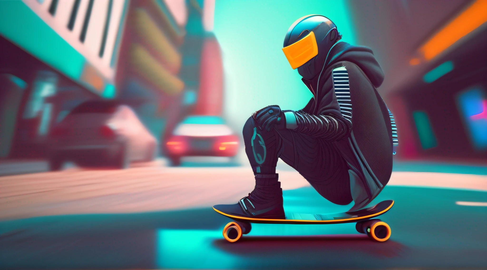 There's a man riding a turbo skateboard on a city street, Sofrer, cyberpunk robot, em estilo de bipe, fashionable cyberpunk mechanoid, no estilo cyberpunk, tem estilo cyberpunk, em cyberpunk city, 3 d render bipe, style hybrid mix of beeple, Estilo de arte cyberpunk, estilo Cyberpunk silenciado, Estilo Beeple, Cyberpunk Rua Goon, cyberpunk mechanoid, Sofremos cyberpunk, skate turbo