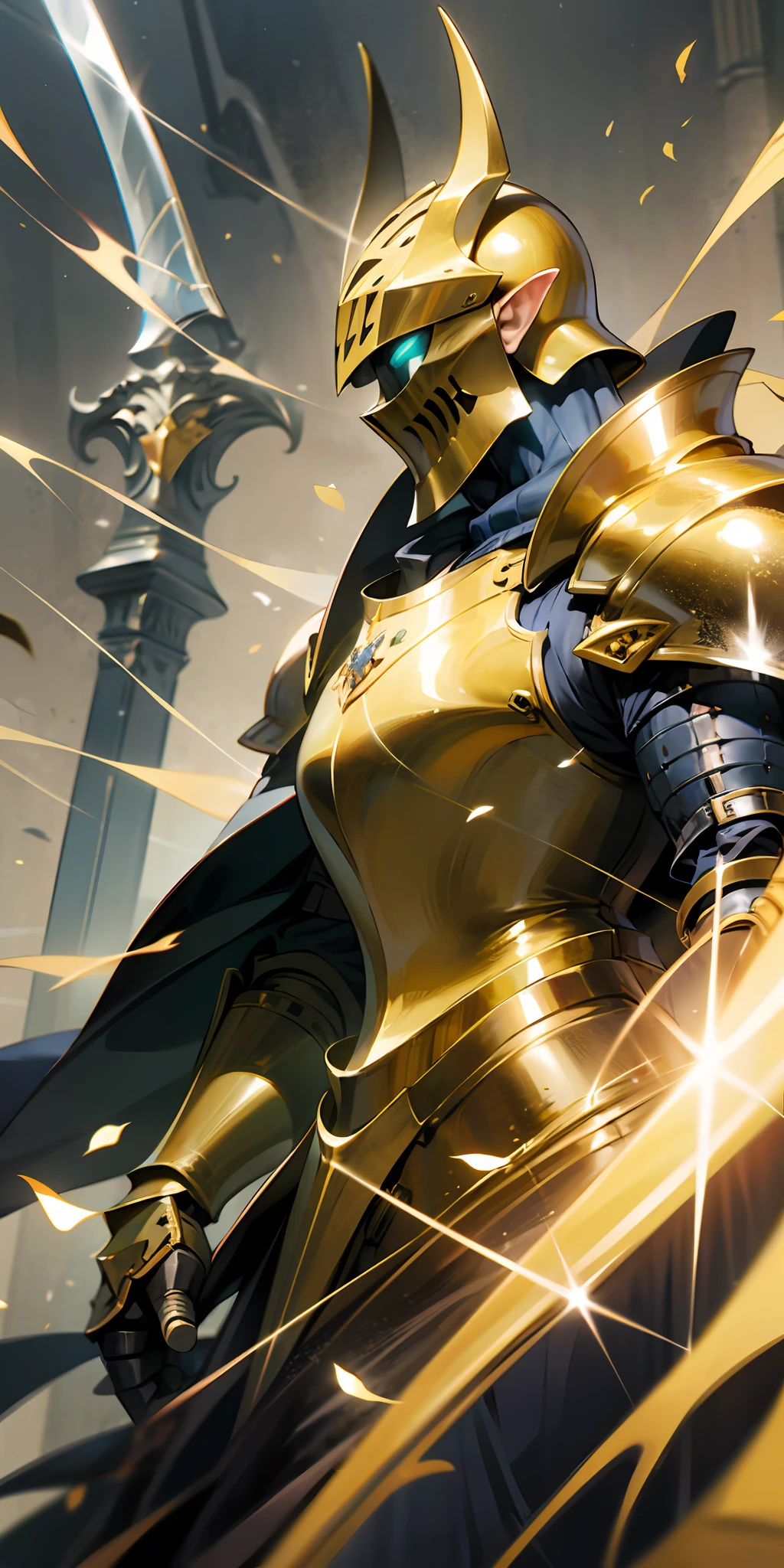 a close up of a statue of a ((king))with a sword, the dark souls knight, dark souls knight, gold obsidian armor, ((heavy gold obsidian armor)), evil knight, light coming off of the armor, paladin golden armor, black and golden armor, golden dragonborn, in thick full bronze armour, elf knight, shining plate armor, gold paladin, full body shot