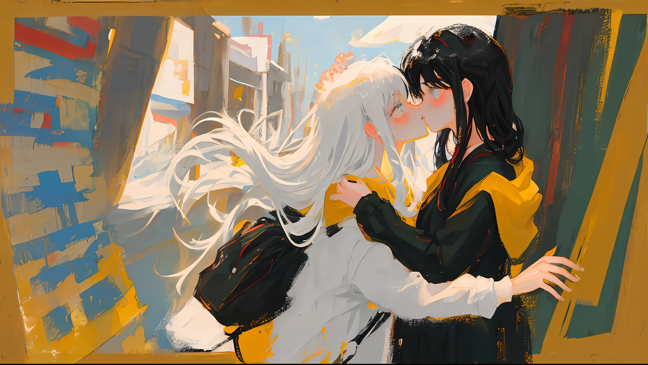 The twin sisters are kissed together, one with black hair and one white hair, with a soft painting style