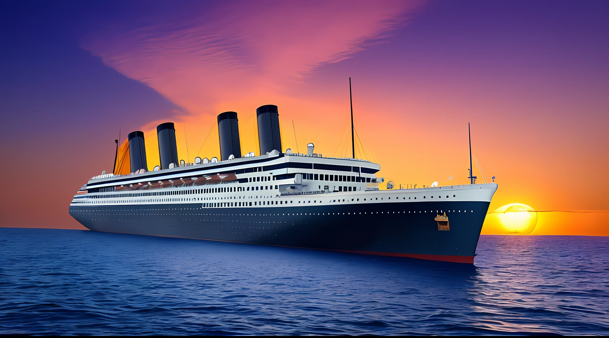 um grande barco flutuando no oceano com uma lua ao fundo, Titanic velas perto, the titanic is sinking, exterior of the ship Titanic, Titanic, filming the titanic sinking, Antarctic Night, gothic ship in the ocean, Water surrounds the ship, foto em alta, Interior do navio Titanic, 2 0 2 4, 2024, Directed by: Richard Mayhew