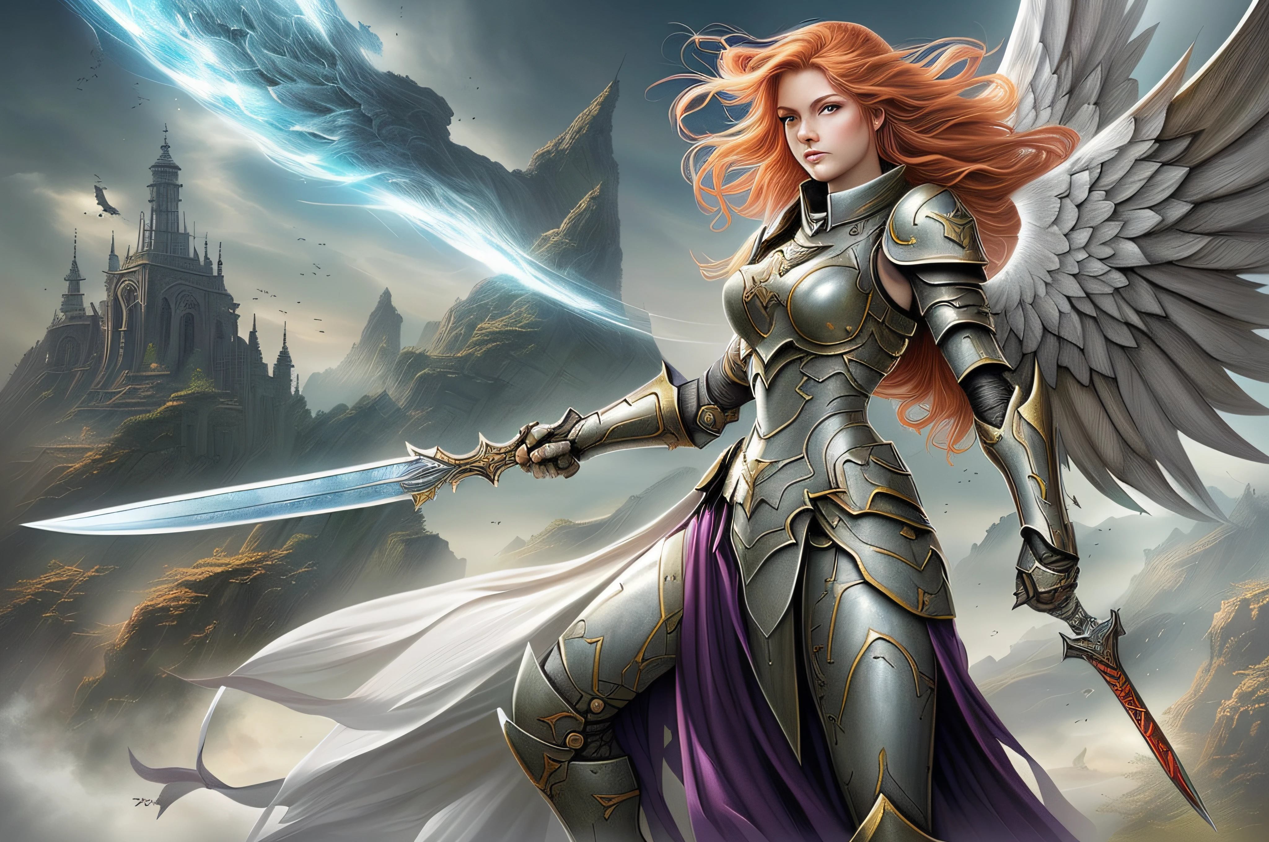 Guerreira com espada e escudo em um deserto, cavaleiro feminino bonito, menina do cavaleiro do anjo, de uma bela cavaleiro feminina, female redhead templar, Artgerm Julie Bell Beeple, Epic Fantasy Digital Art Style, Arte de fantasia 4k, fantasia paladin mulher, epic fantasy HD art style, Aly Fell e Artgerm, cavaleiro feminino