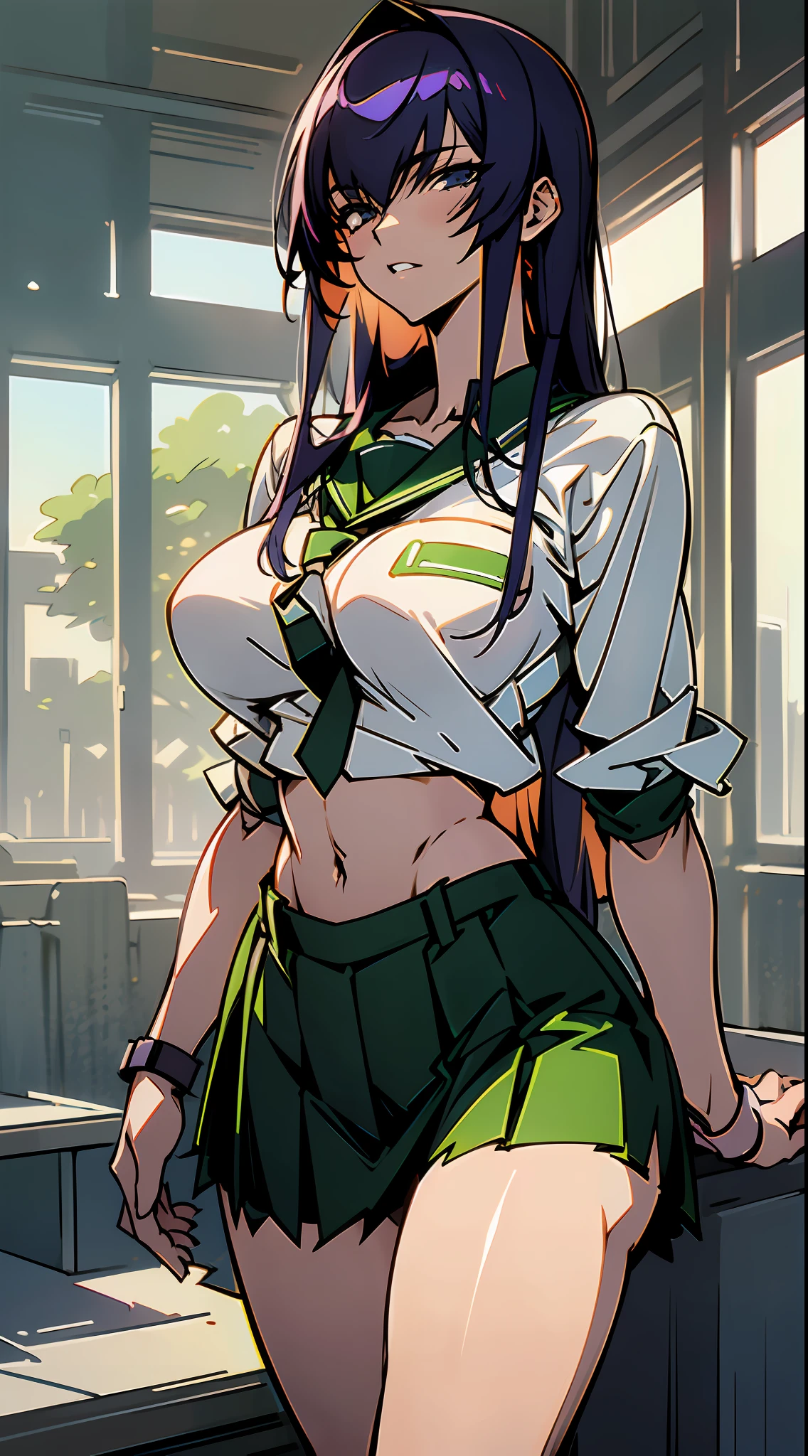 (High resolution), (in 8K), (Extreme Detail), (Best Illustration), (beautiful detail), (Best Quality), (masuter piece), ( Detailed face), Saeko Poison Island、The long-haired、white  shirt、Green pleated skirt、student clothes、Vicious look、full body Esbian、Realistic fantasy rendering, Realistic anime girl rendering, Full body portrait, (Big Breast: 1.4) popular in CGSTATION, 4K,highlight in eyes