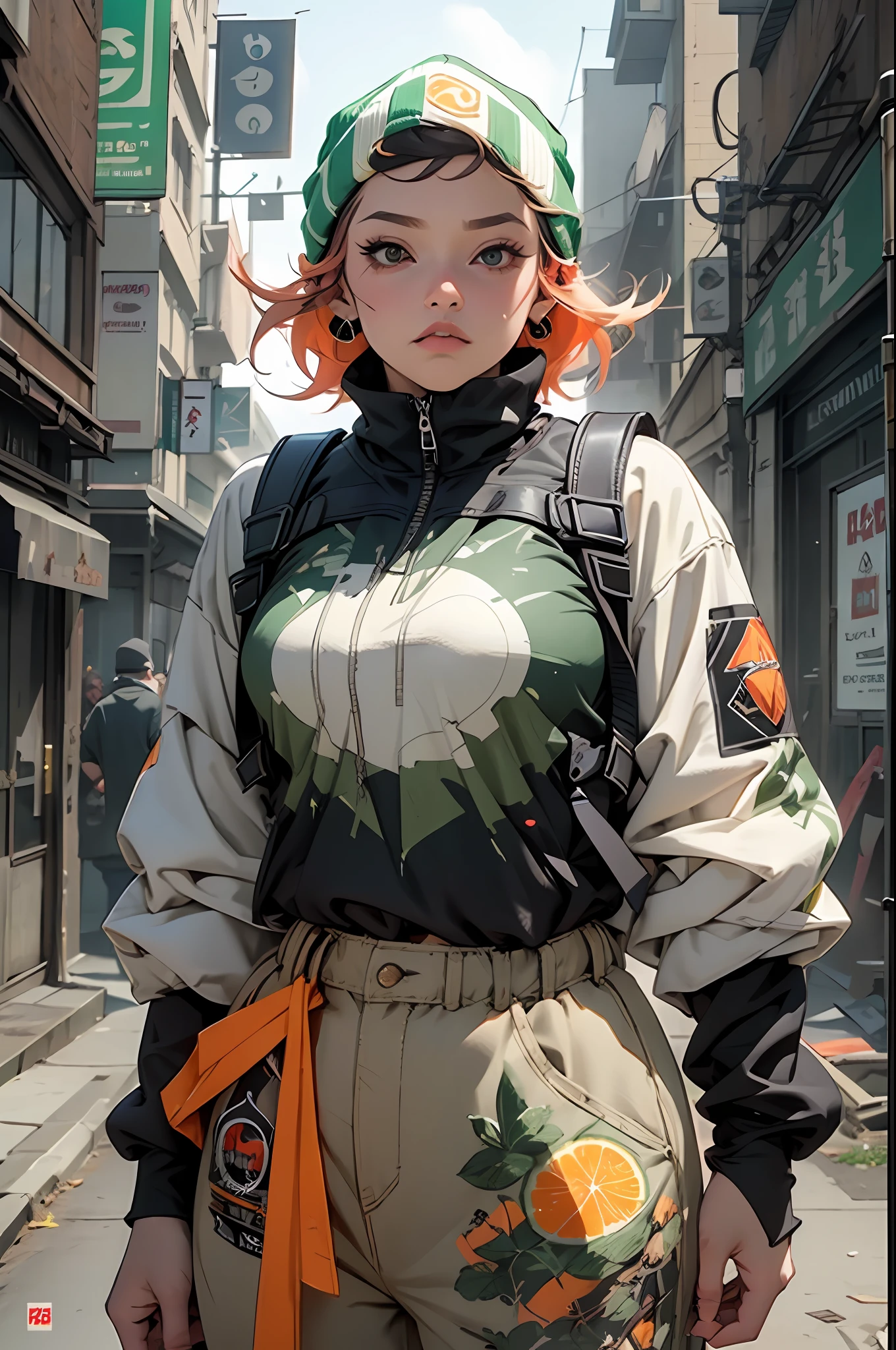 verde: 1.5, laranja: 1.1, Branco: 1.3, amarelo: 1.3, (garota rapper com cabelo pavor), post-apocalyptic world, tatuagens, (roupas puffer do poder: 1.2), Giant machines, mistborn, linhas, Parts, action pose