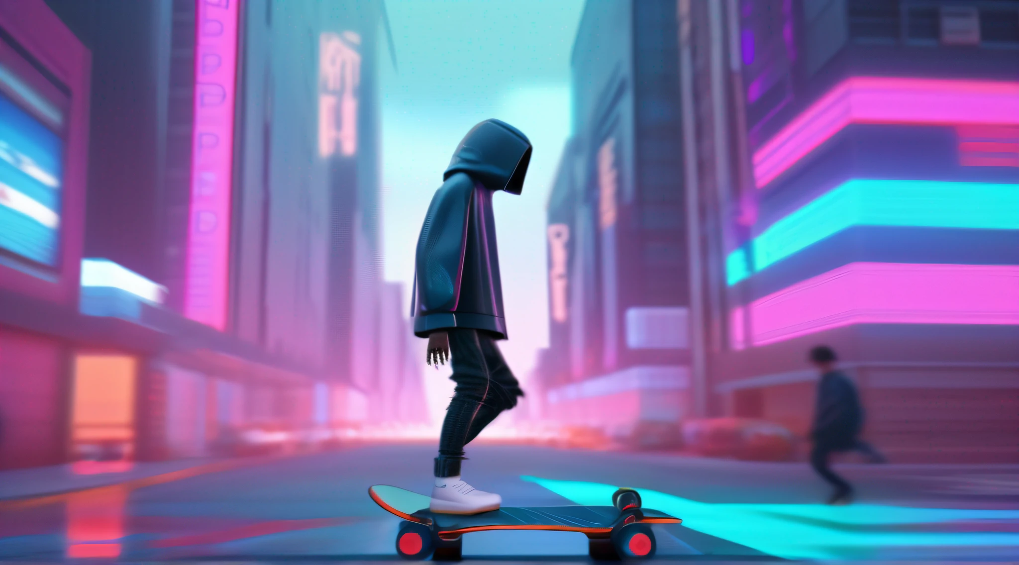 There's a man skateboarding on a city street, skate, cyberpunk robot, em estilo de bipe, fashionable cyberpunk mechanoid, no estilo cyberpunk, tem estilo cyberpunk, em cyberpunk city, 3 d render bipe, style hybrid mix of beeple, Estilo de arte cyberpunk, estilo Cyberpunk silenciado, Estilo Beeple, Cyberpunk Rua Goon, cyberpunk mechanoid, skate cyberpunk