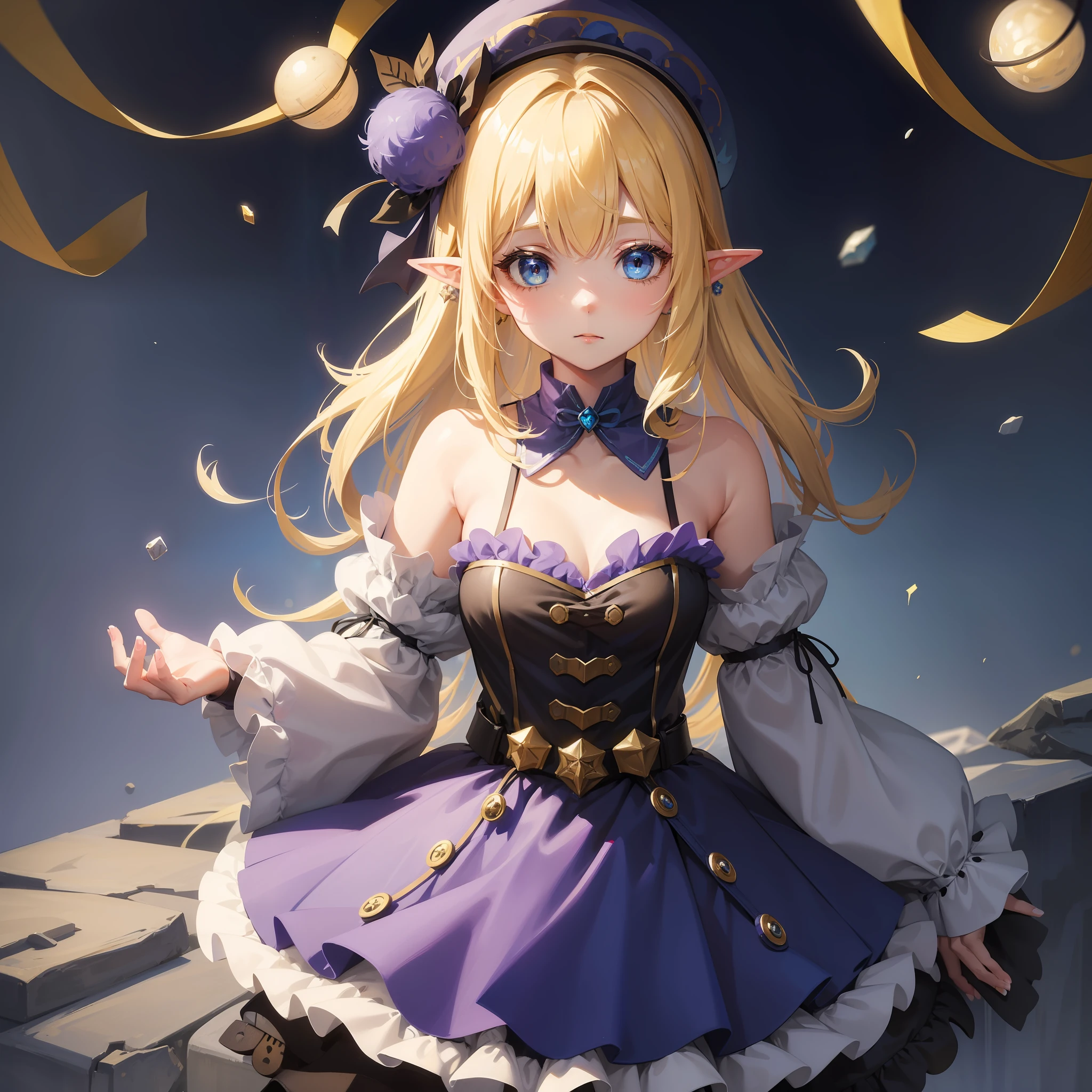 Alice monster girl, Elf, vivid blue eyes, short messy blonde hair, wearing purple winter hat that has a fuzzy pompom on the top with yellow dots and zigzags on the sides, Vivid Night	dress which is dark grey and black flowing  dress with ruffled opened sleeves and  small decorative gold buttons, masterpiece, best quality