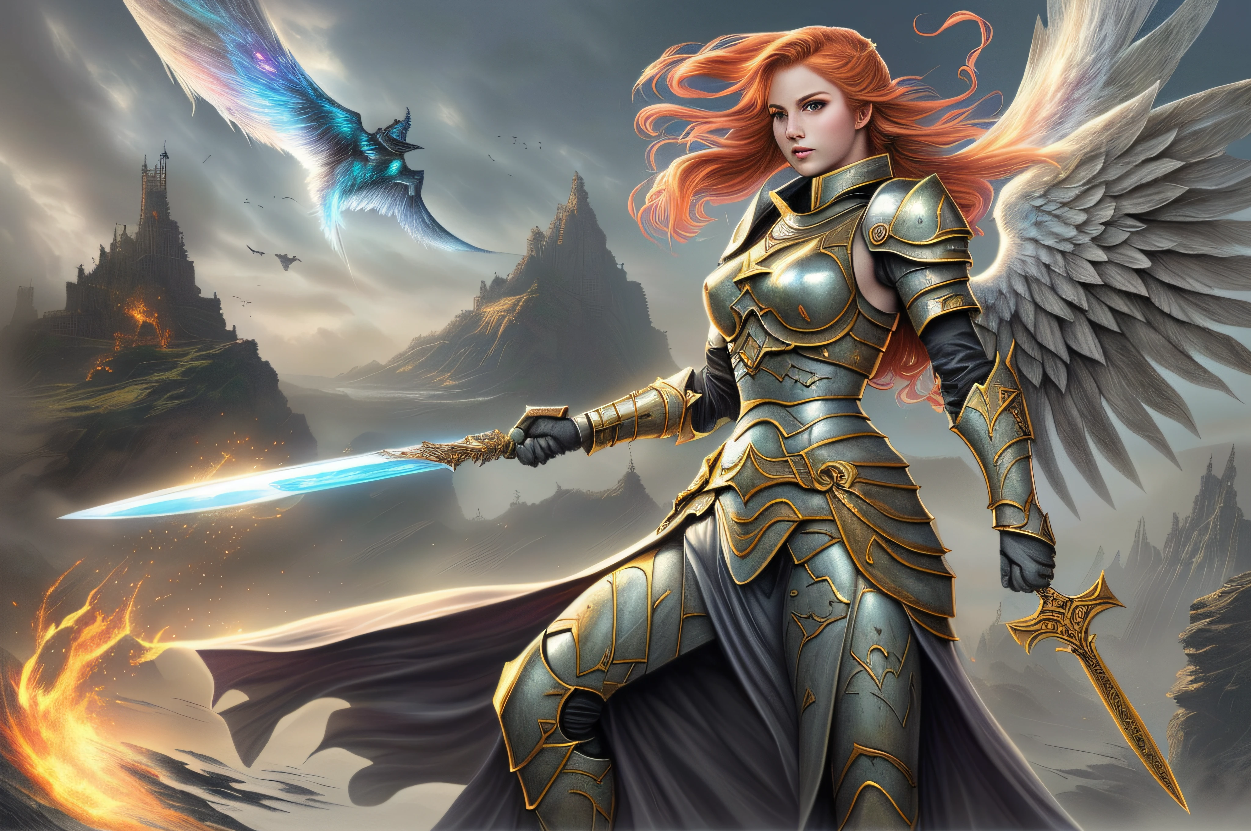 Guerreira com espada e escudo em um deserto, cavaleiro feminino bonito, menina do cavaleiro do anjo, de uma bela cavaleiro feminina, female redhead templar, Artgerm Julie Bell Beeple, Epic Fantasy Digital Art Style, Arte de fantasia 4k, fantasia paladin mulher, epic fantasy HD art style, Aly Fell e Artgerm, cavaleiro feminino