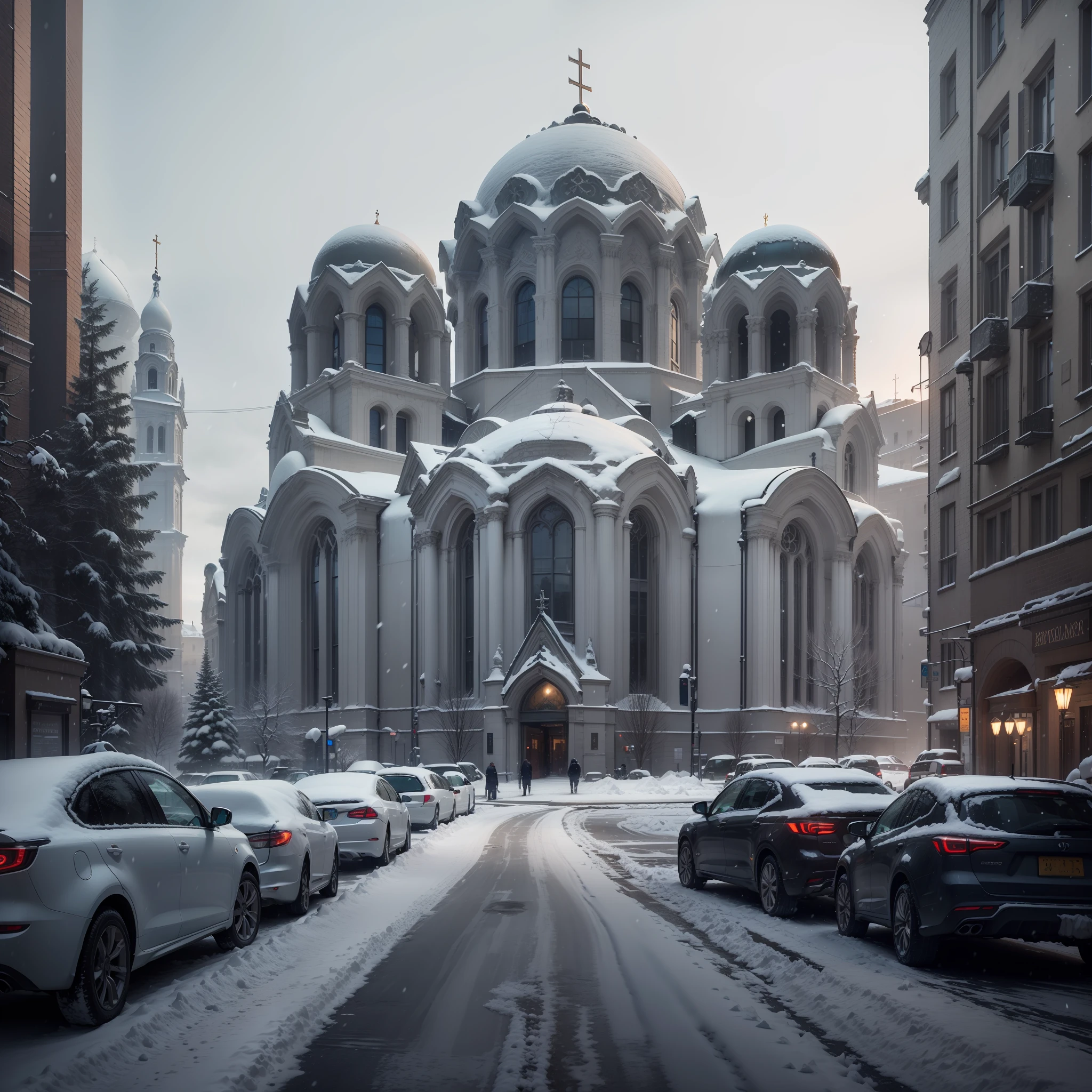sovereign cathedral in a big city center , parked cars, beautiful lighting, a lot of snow and cold, day, some people walking in the street, cold and sober climate, Antarctica, South Pole, italian architecture, gothic, architectural brustalism. Photography, fully detailed