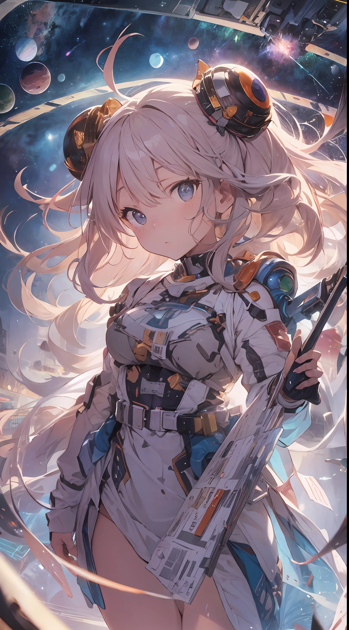 Masterpiece、hight resolution(masutepiece:1.4),ultra - detailed,Presented from above，Complex details、femele、Beauty in Space，happening、In the background are meteors and space elements。