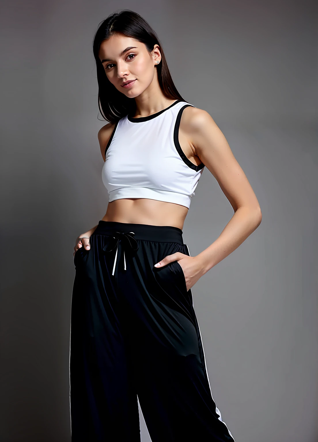 Pajama model with black pants and white tank top with black bias