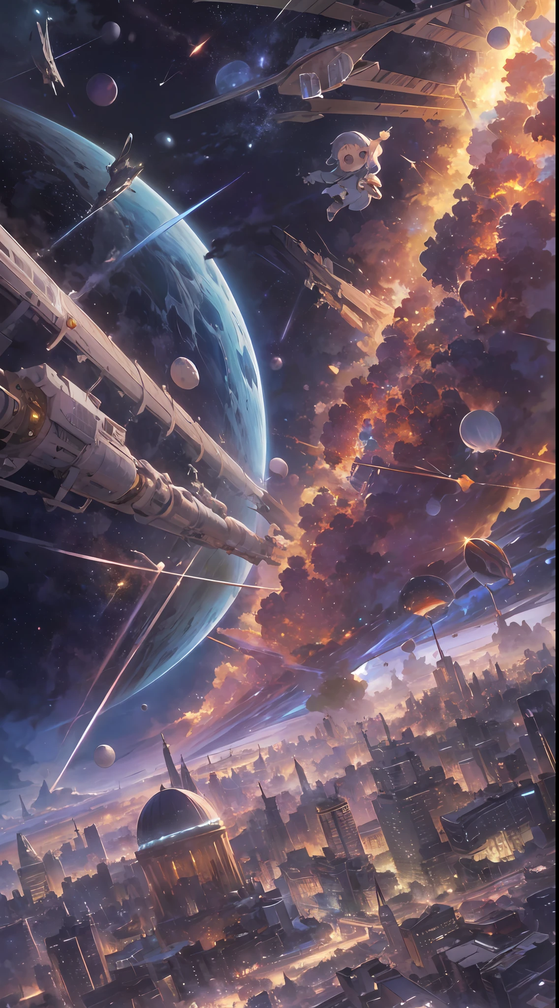 Masterpiece、hight resolution(masutepiece:1.4),ultra - detailed,Presented from above,Complex details、femele、Beauty in Space,happening、In the background are meteors and space elements。