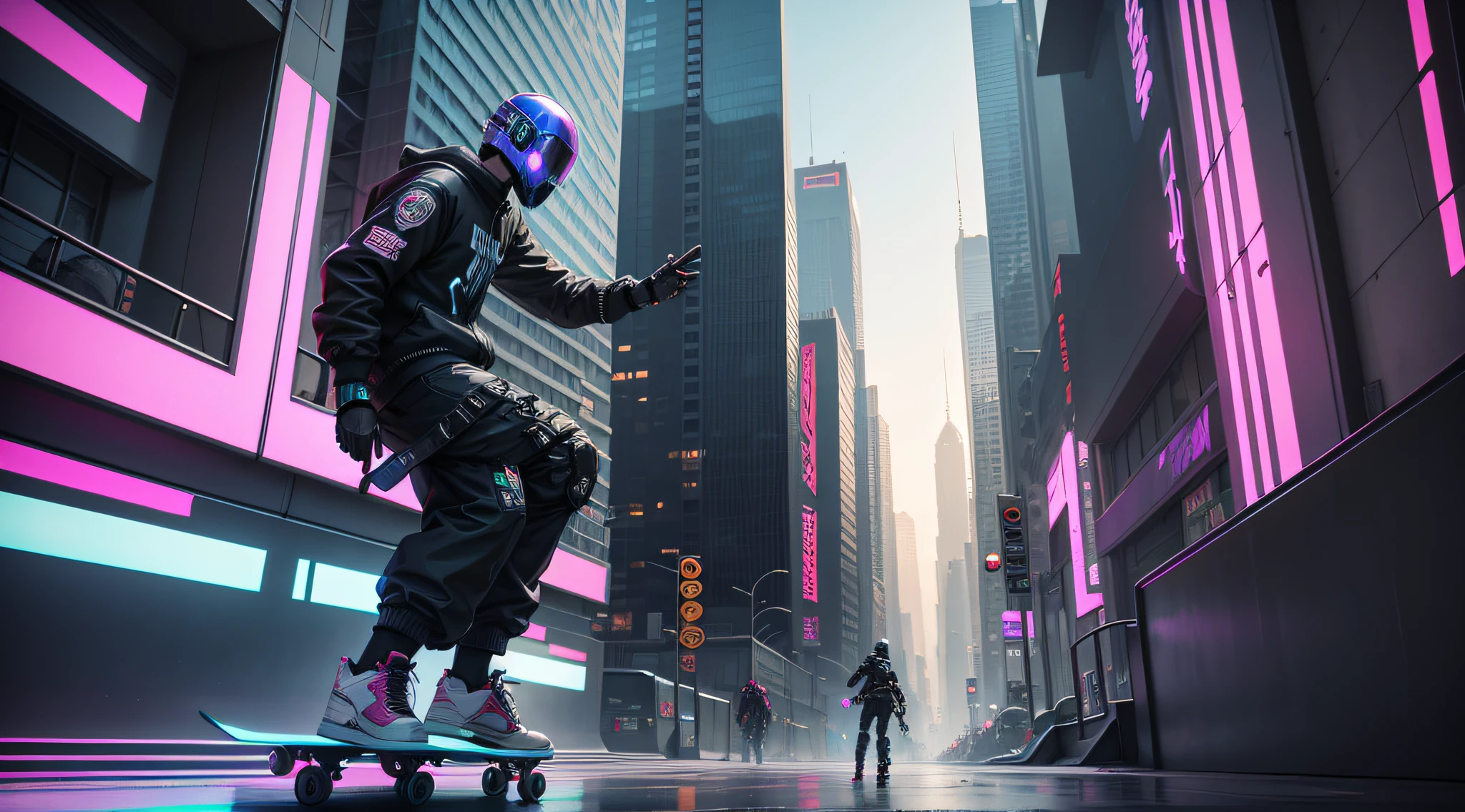 There's a man skateboarding on a city street, skate, cyberpunk robot, em estilo de bipe, fashionable cyberpunk mechanoid, no estilo cyberpunk, tem estilo cyberpunk, em cyberpunk city, 3 d render bipe, style hybrid mix of beeple, Estilo de arte cyberpunk, estilo Cyberpunk silenciado, Estilo Beeple, Cyberpunk Rua Goon, cyberpunk mechanoid, skate cyberpunk --auto