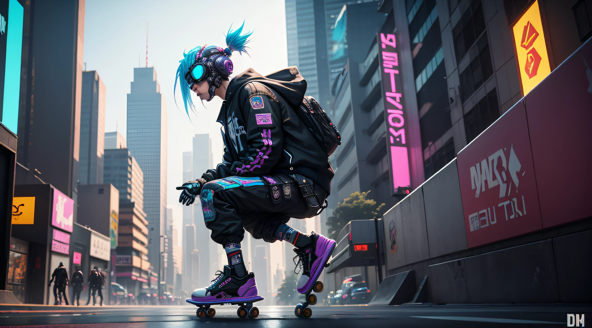 There's a man skateboarding on a city street, skate, cyberpunk robot, em estilo de bipe, fashionable cyberpunk mechanoid, no estilo cyberpunk, tem estilo cyberpunk, em cyberpunk city, 3 d render bipe, style hybrid mix of beeple, Estilo de arte cyberpunk, estilo Cyberpunk silenciado, Estilo Beeple, Cyberpunk Rua Goon, cyberpunk mechanoid, skate cyberpunk --auto