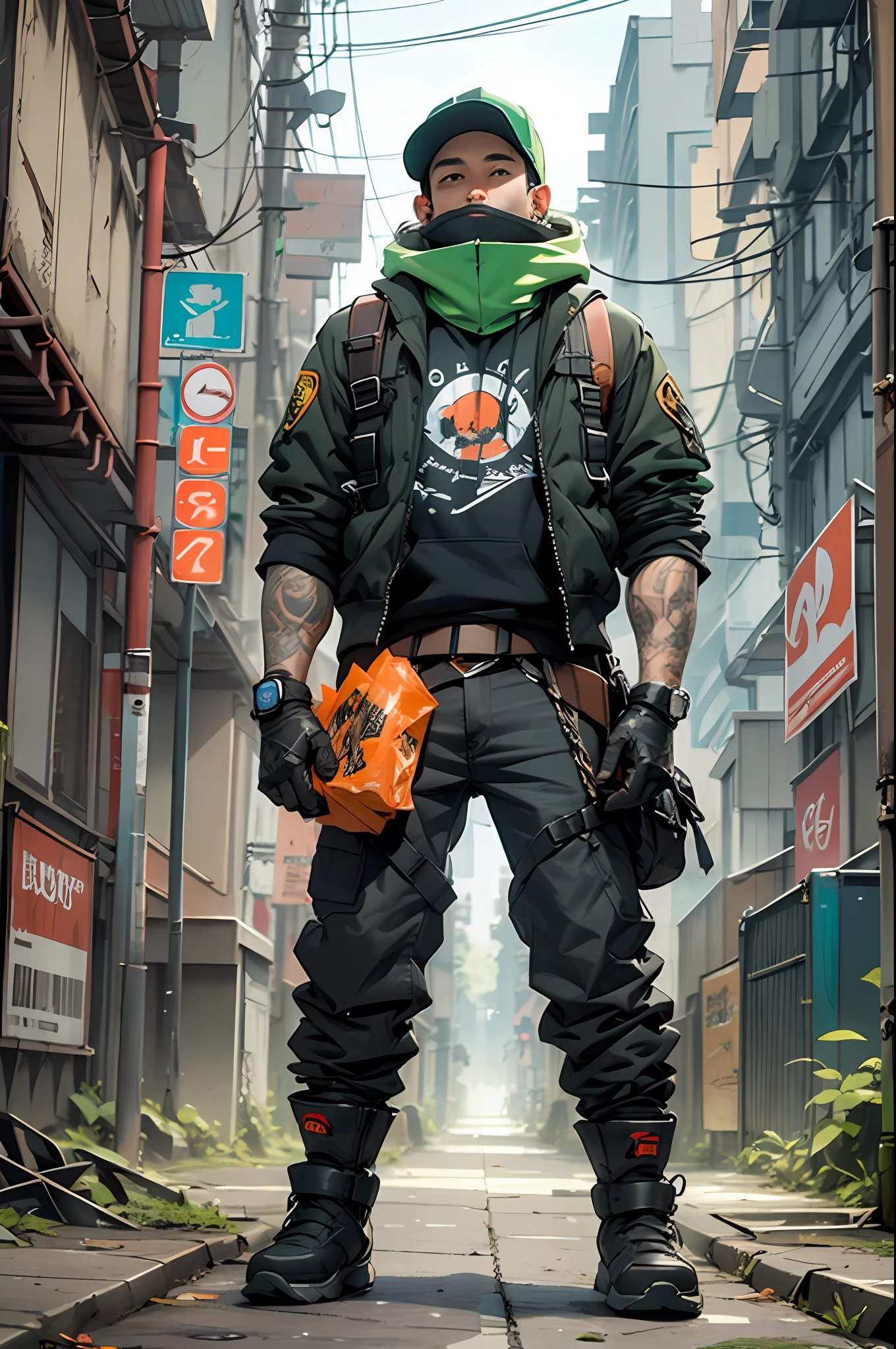 verde: 1.5, laranja: 1.1, Branco: 1.3, amarelo: 1.3, (garota rapper com cabelo pavor), post-apocalyptic world, tatuagens, (roupas puffer do poder: 1.2), Giant machines, mistborn, linhas, Parts, action pose