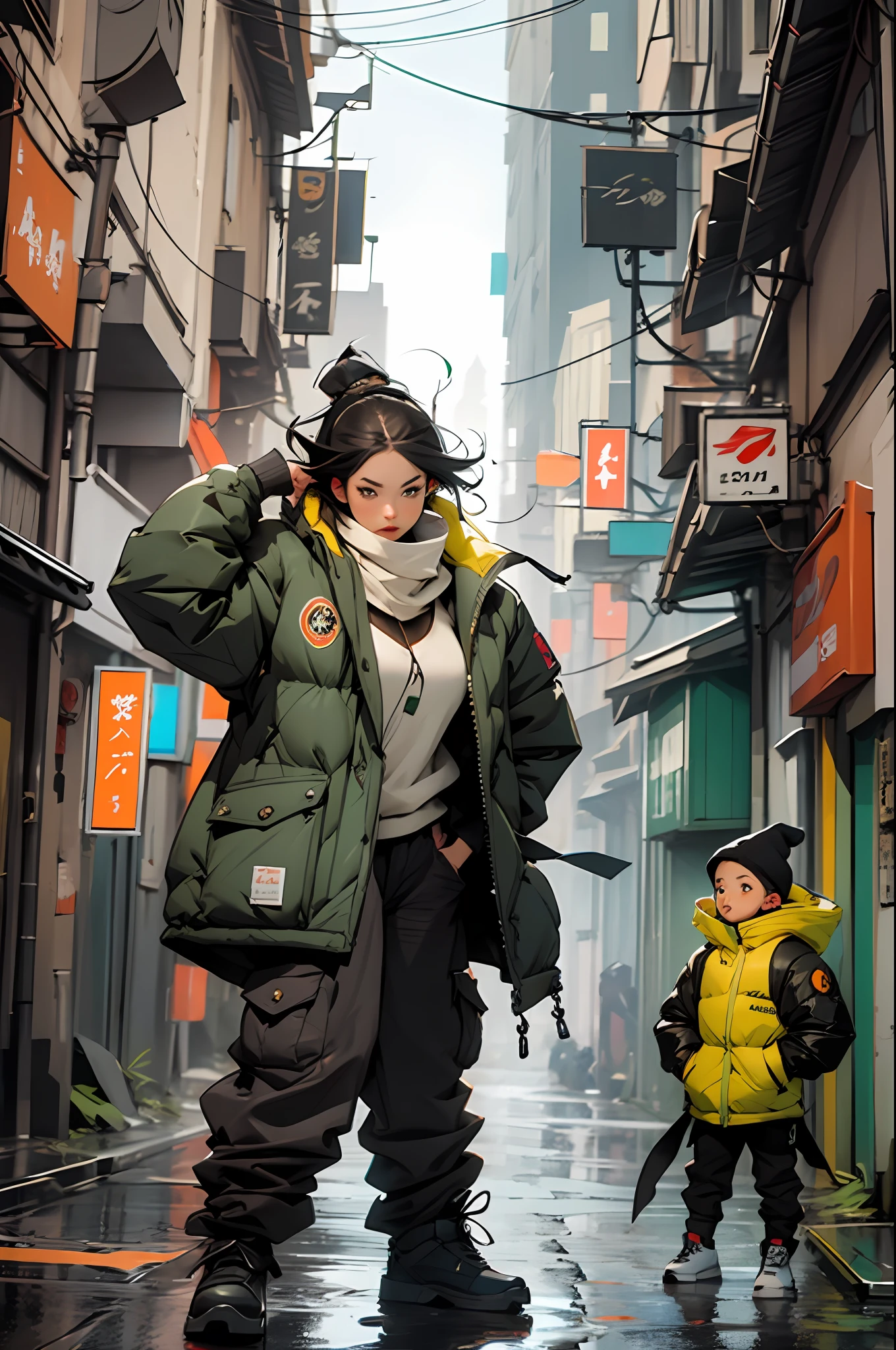 verde: 1.5, laranja: 1.1, Branco: 1.3, amarelo: 1.3, (garota rapper com cabelo pavor), post-apocalyptic world, tatuagens, (roupas puffer do poder: 1.2), Giant machines, mistborn, linhas, Parts, action pose