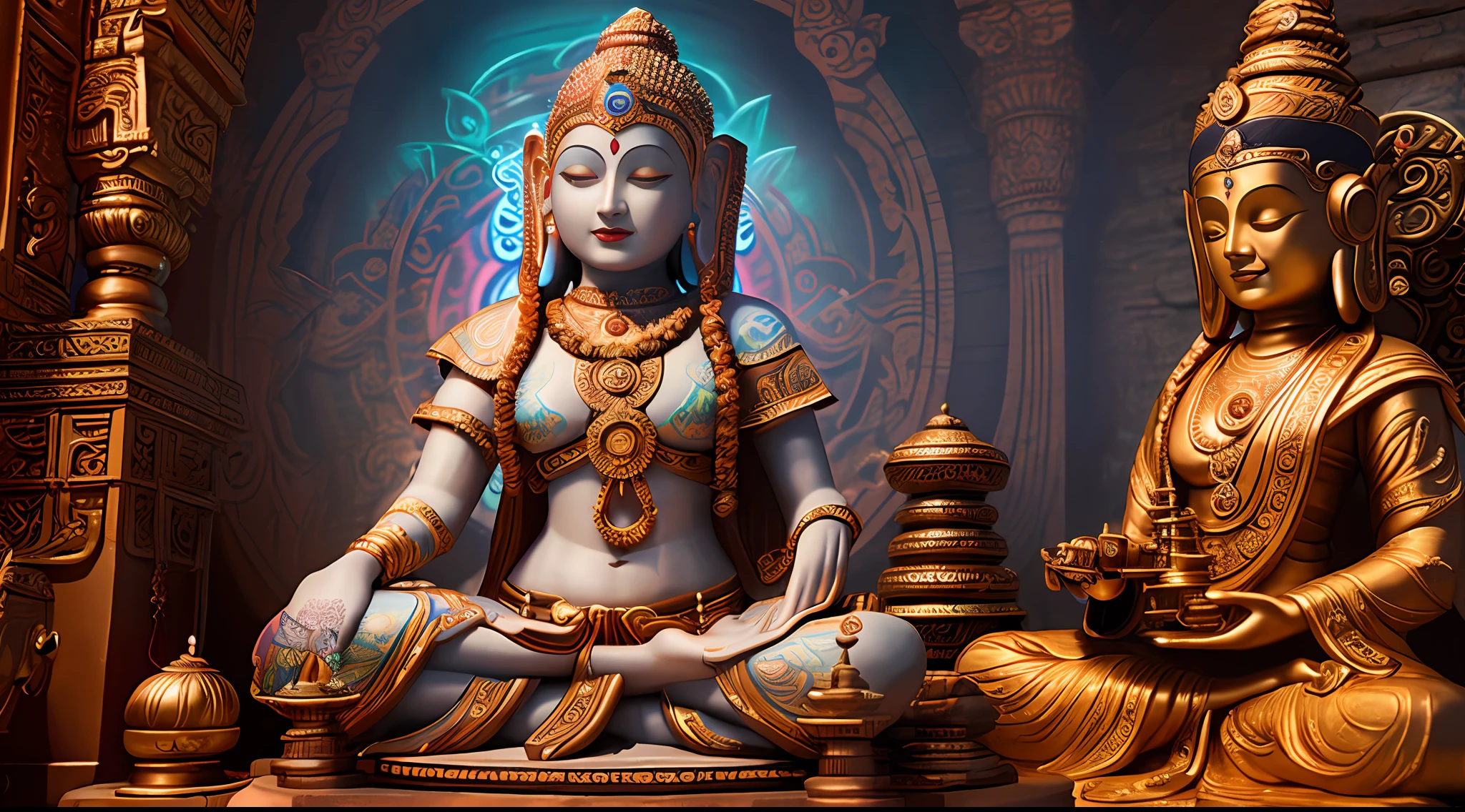 Ultra-detailed young tantric priestess with tattoos and percings and an ironman mask mixing music on a record player at a Hindu temple next to a photorealistic Buddha statue --auto