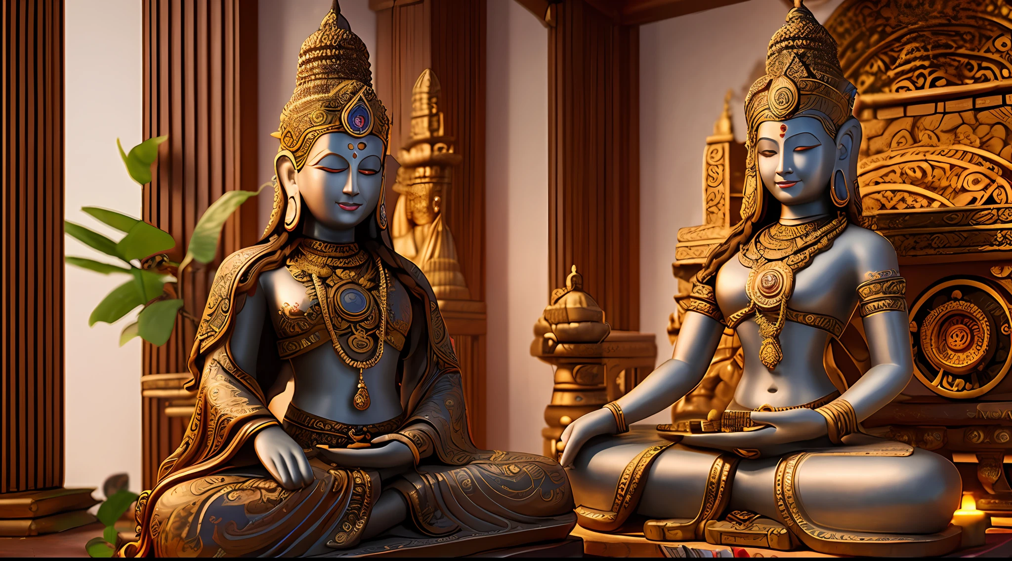 Ultra-detailed young tantric priestess with tattoos and percings and an ironman mask mixing music on a record player at a Hindu temple next to a photorealistic Buddha statue --auto