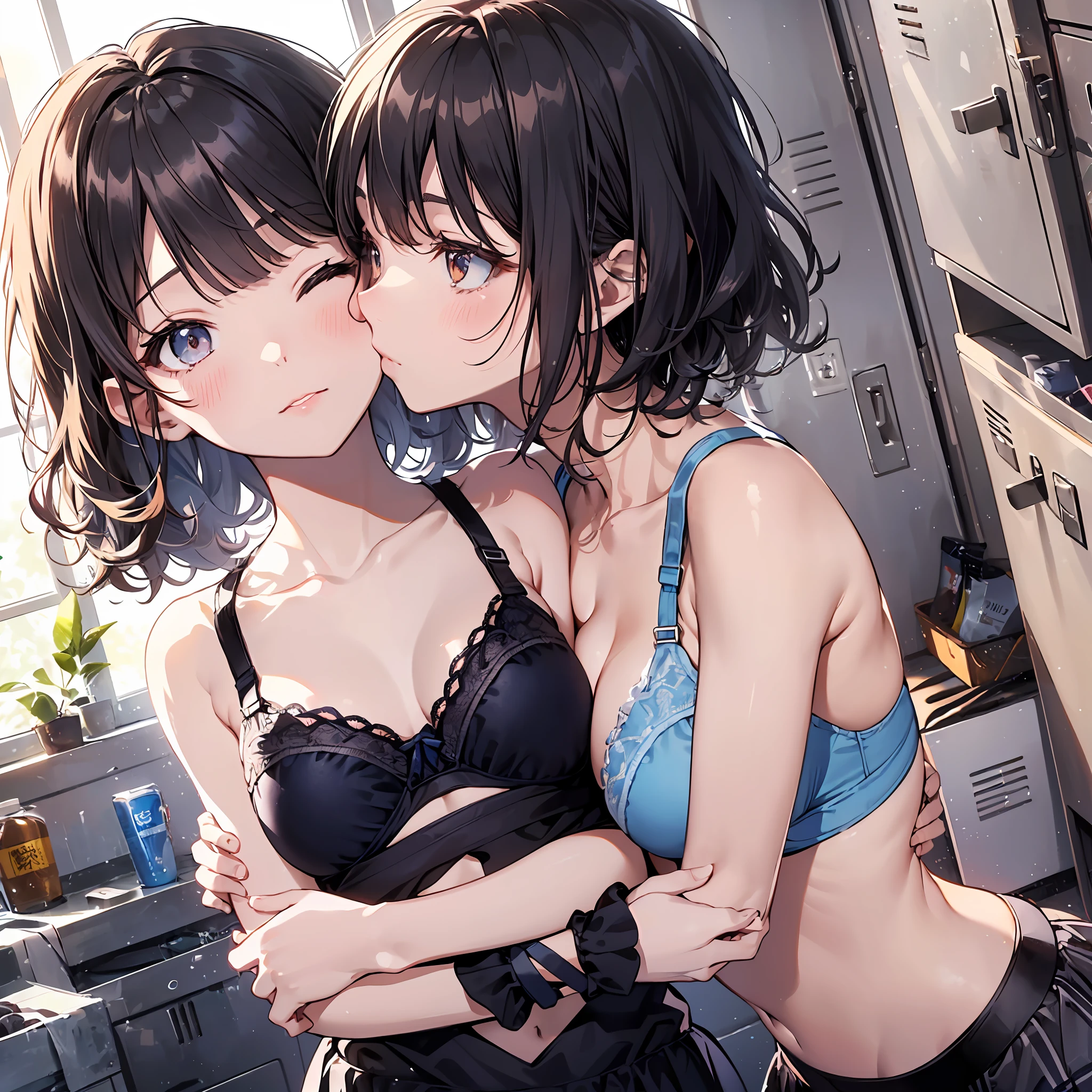 (Highest quality illustrations:1.2), (kawaii girl:1.1), (1girl in, 独奏:1), (2girls、8ars old、Lori、Gamine、A tiny、kawaii、cute little、tiny chest、ultradetailed eyes:1.2)、(Yuri、the kiss、hug from behind、Grabbing the、Eyes half closed、eyecontact:1.3)、(perspiring、Hugged、red blush:1.1)、 BREAK White Bra、Pink Bra、Blue Bra、Green Bra、Greybra、Light grey bra、 striped bra、Polka dot bra、Plaid bra、Cute Bra、Kids Bra、Sportsbra、camisole、cotton panties、school skirt、Blake black hair、Blue-haired、Brown hair、extra very short hair、shorth hair、middle hair、length hair、hair wavy、curlyhair、Light pink and braided hair、hime-cut、bob cuts、Twin-tailed、low twintails、poneyTail、Low ponytail in light blue、break(Locker Room:1.2)、(evening、evening、Orange Sunlight:1.2)、 BREAK(top-quality、ultra-detailliert、highly detailed and beautiful、超A high resolution、Detailed arm:1.2)、nsfw Beautiful pool