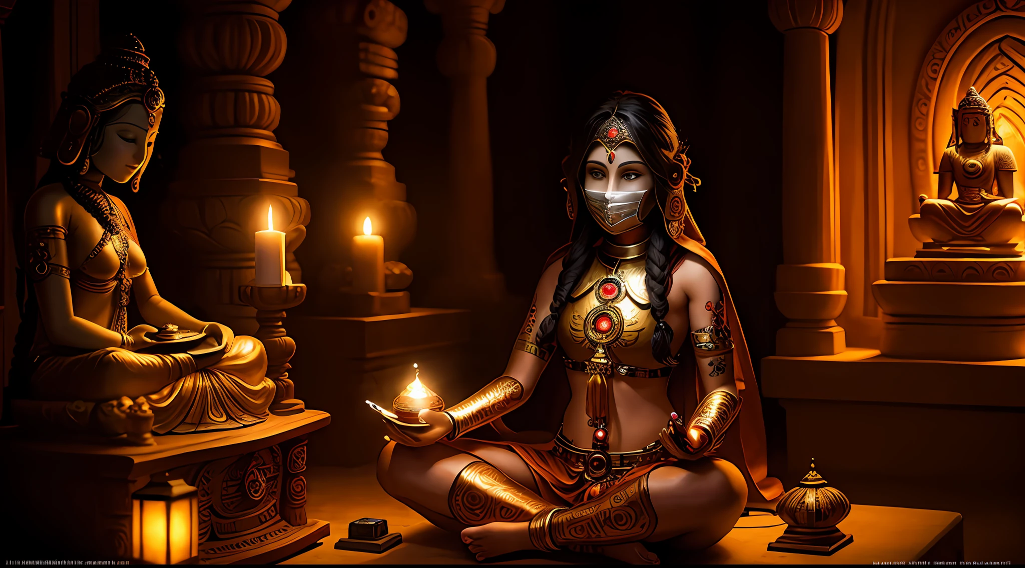 Ultra-detailed young tantric priestess with tattoos and percings and an ironman mask mixing music on a record player at a Hindu temple next to a photorealistic Buddha statue --auto