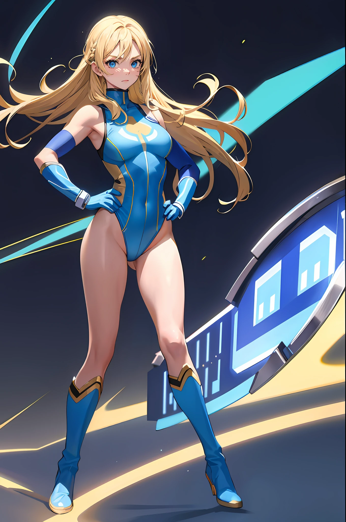 masterpiece, best quality, highres, 1girl, solo, superhero, leotard, bare legs, boots, matching boots, aura, blue aura, sleeveless, gloves, bracelets, matching gloves, looking at viewer, light particles, city backdrop, perfect hands, perfect eyes, powering up, perfect leotard, perfect legs, perfect arms, perfect fingers, blue and white leotard, blonde hair, blue eyes, medium breasts, long hair, standing, hands on hip, closed fists, full body,