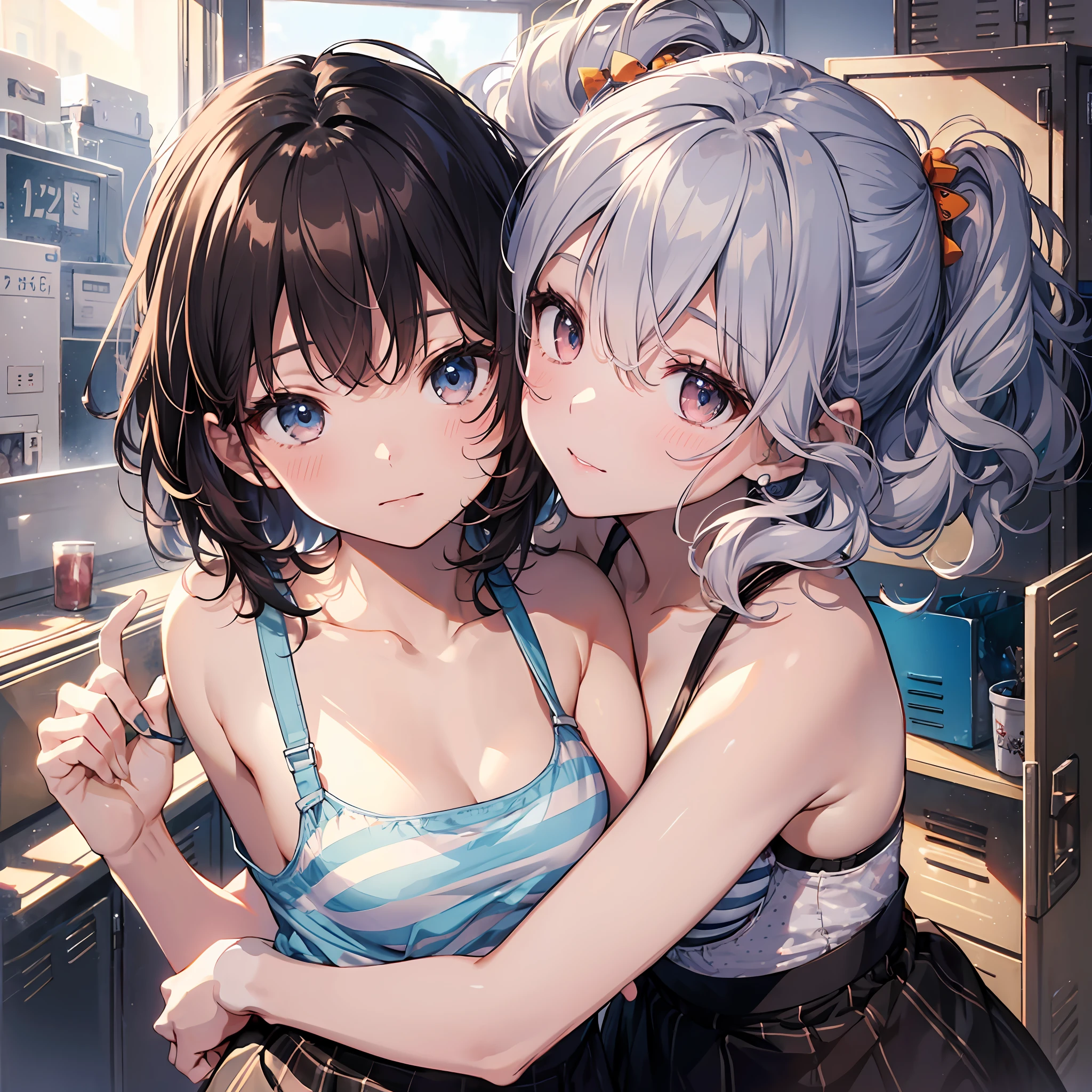 (Highest quality illustrations:1.2), (kawaii girl:1.1), (1girl in, 独奏:1), (2girls、8years old、Lori、Gamine、A tiny、kawaii、cute little、tiny chest、ultradetailed eyes:1.2)、(Yuri、the kiss、hug from behind、Grabbing the、Eyes half closed、eyecontact:1.3)、(perspiring、Hugged、red blush:1.1)、 BREAK White Bra、Pink Bra、Blue Bra、Green Bra、Greybra、Light grey bra、 striped bra、Polka dot bra、Plaid bra、Cute Bra、Kids Bra、Sportsbra、camisole、cotton panties、school skirt、Blake black hair、Blue-haired、Brown hair、extra very short hair、shorth hair、middle hair、length hair、hair wavy、curlyhair、Light pink and braided hair、hime-cut、bob cuts、Twin-tailed、low twintails、poneyTail、Low ponytail in light blue、break(Locker Room:1.2)、(evening、evening、Orange Sunlight:1.2)、 BREAK(top-quality、ultra-detailliert、highly detailed and beautiful、超A high resolution、Detailed arm:1.2)、nsfw Beautiful pool