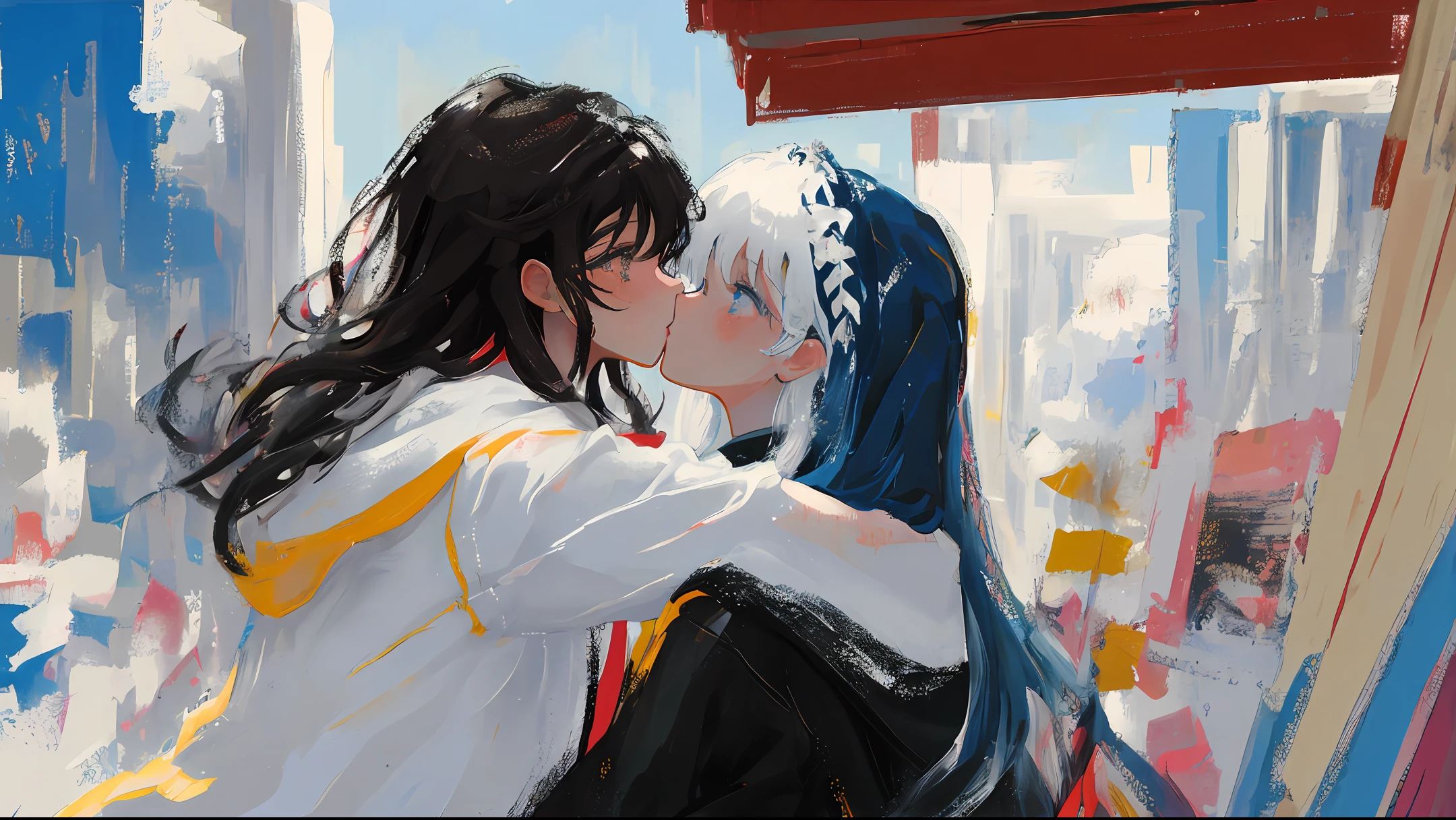 The twin sisters are kissed together, one with black hair and one white hair, with a soft painting style