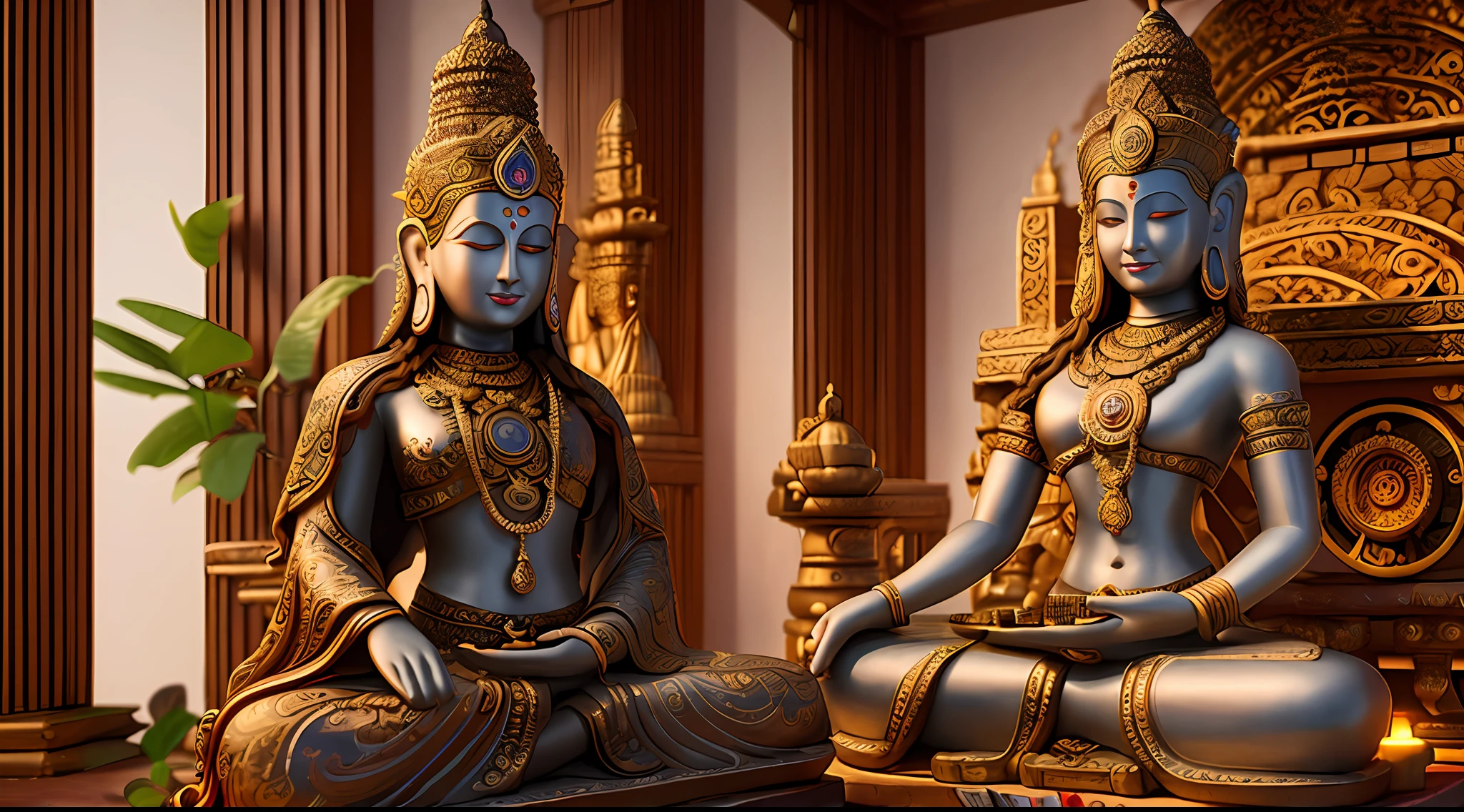 Ultra-detailed young tantric priestess with tattoos and percings and an ironman mask mixing music on a record player at a Hindu temple next to a photorealistic Buddha statue --auto