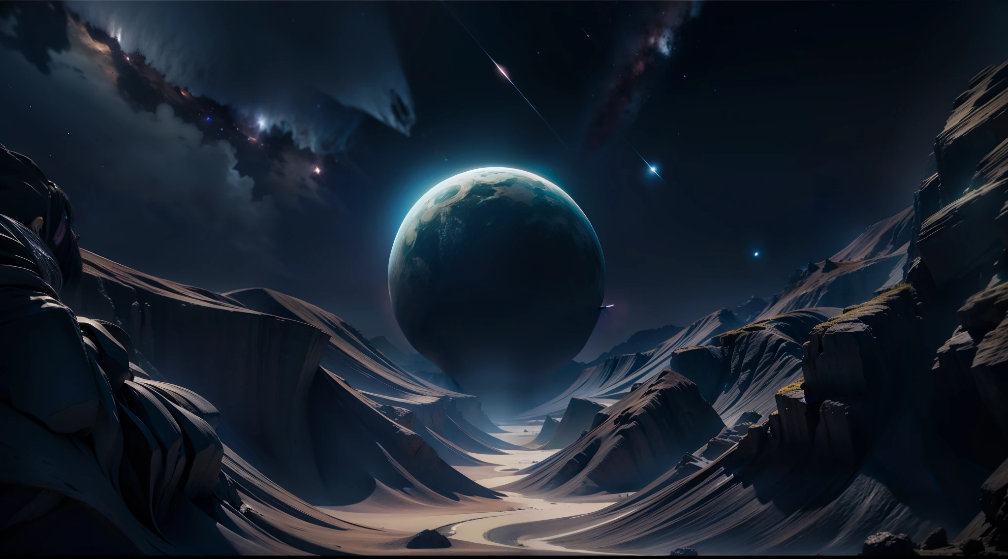 Immerse us in the depths of the cold and deep universe, Where darkness reigns。Distant stars々A faint twinkle in the jet-black void like a distant memory、Create eerie and enigmatic space images。Let the emptiness of the universe expand endlessly.、Only the faint glow of distant celestial bodies delimits its space。Using AI、Create a sense of isolation in the space、Let the vastness of the universe be a canvas of deep shadows and inexplicable darkness。. Very realistic, Photography,  One-person viewpoint, Super Detail, high detailing, High quality, in 8K
