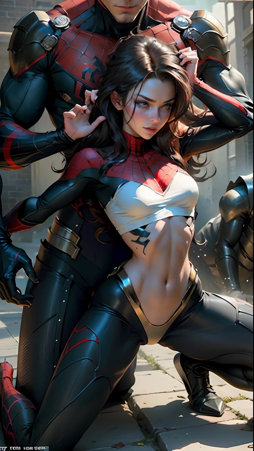 The protagonists are a man and a woman,Evil villain male with beautiful woman,Define female bodies in detail using Spider-Man female roleplay,The man lay down,There were six shirtless men around,The woman rides on the belly of the villain man,Man holding woman's belly?A shy expression,C cup,drenched all over the body,Particularly thin waist,Particularly thin legs,The legs are thinner,perfect bodies,spreads her legs apart,Close-up of genitals,fully body photo,The photo shows the whole body