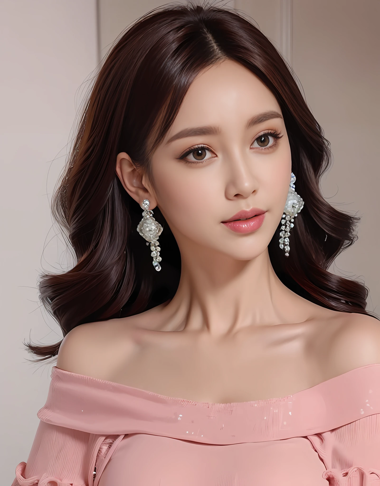 Close-up of woman in pink off-the-shoulder blouse, Curly black hair, Pearl hanging earrings. (8K, Best quality : 1.2), (Masterpiece, Photorealistic : 1.3), Super detail