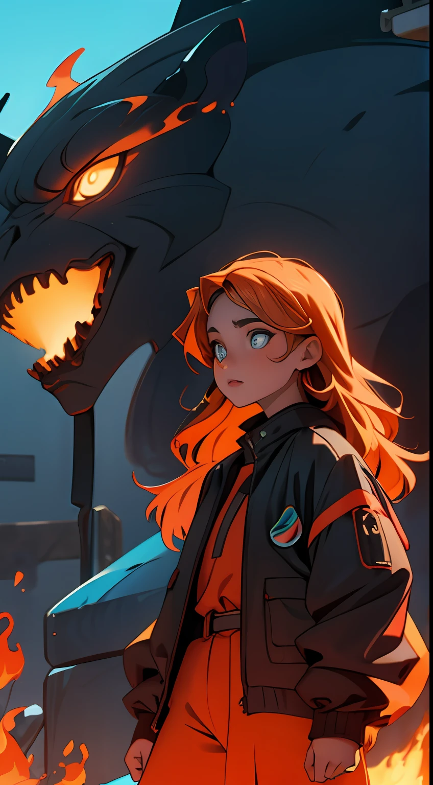Um menino, com chamas no cabelo, he's a model, He's wearing a trendy outfit, ele tem 15 anos, his eyes are orange, her hair is on fire, Your hair is shaking flames, assim como lina em dota 2, fogo, Your hair is pure fire, he's black, tem pele escura, tenha chamas pelos corpo, usa armadura.