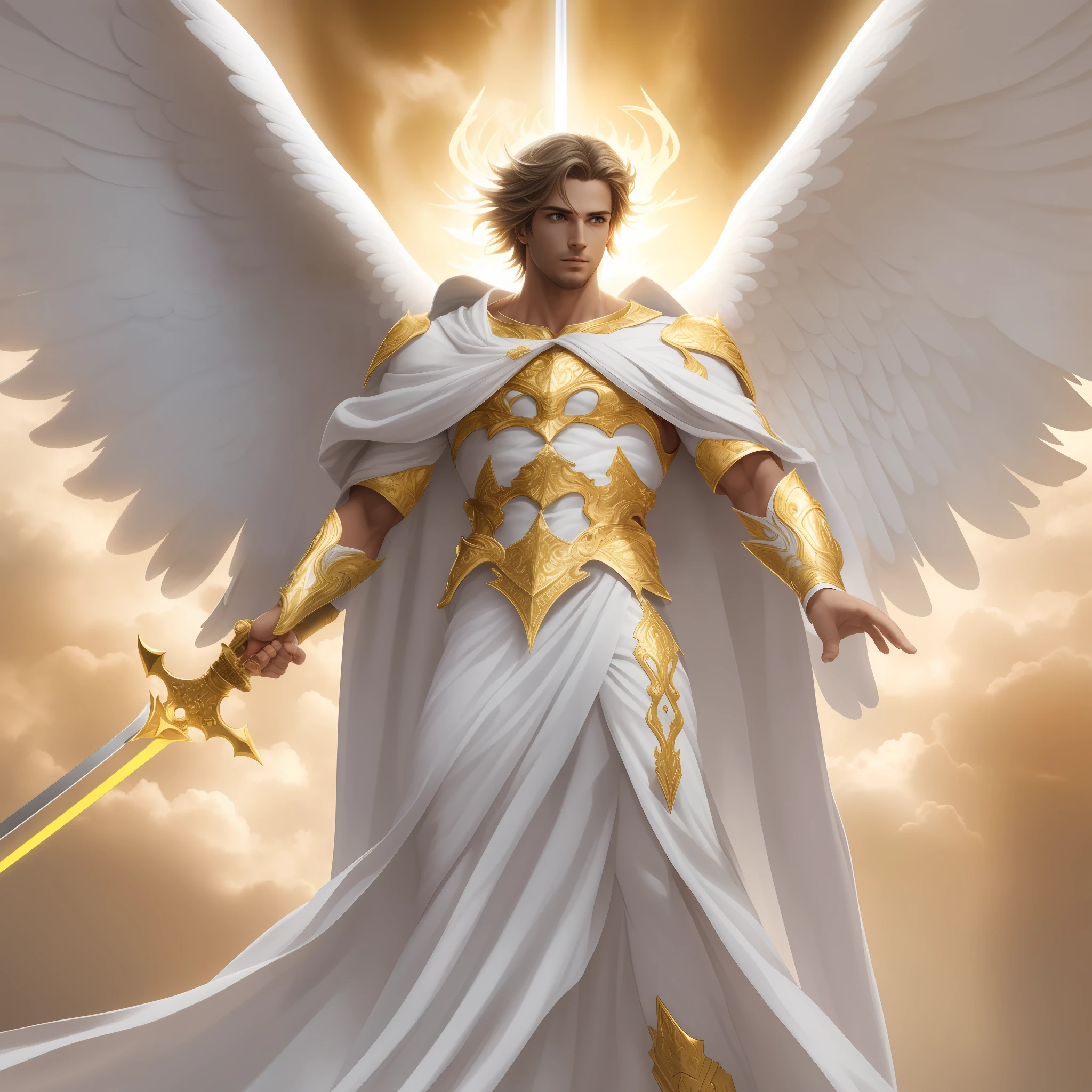 a male angel, flying, in white robes with golden parts, his face glows, white wings, holding a great sword of divine power, (ultra realistic) (ultra detailed) (Perfect face) (Perfect hand)Full body