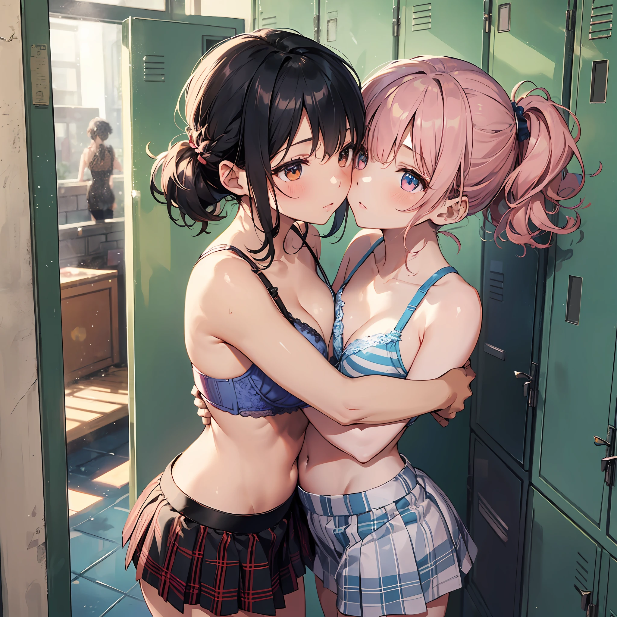 (Highest quality illustrations:1.2), (kawaii girl:1.1), (1girl in, 独奏:1), (2girls、8ars old、Lori、Gamine、A tiny、kawaii、cute little、tiny chest、ultradetailed eyes:1.2)、(Yuri、the kiss、hug from behind、Grabbing the、Eyes half closed、eyecontact:1.3)、(perspiring、Hugged、red blush:1.1)、 BREAK White Bra、Pink Bra、Blue Bra、Green Bra、Greybra、Light grey bra、 striped bra、Polka dot bra、Plaid bra、Cute Bra、Kids Bra、Sportsbra、camisole、cotton panties、school skirt、Blake black hair、Blue-haired、Brown hair、extra very short hair、shorth hair、middle hair、length hair、hair wavy、curlyhair、Light pink and braided hair、hime-cut、bob cuts、Twin-tailed、low twintails、poneyTail、Low ponytail in light blue、break(Locker Room:1.2)、(evening、evening、Orange Sunlight:1.2)、 BREAK(top-quality、ultra-detailliert、highly detailed and beautiful、超A high resolution、Detailed arm:1.2)、nsfw　Beautiful pool