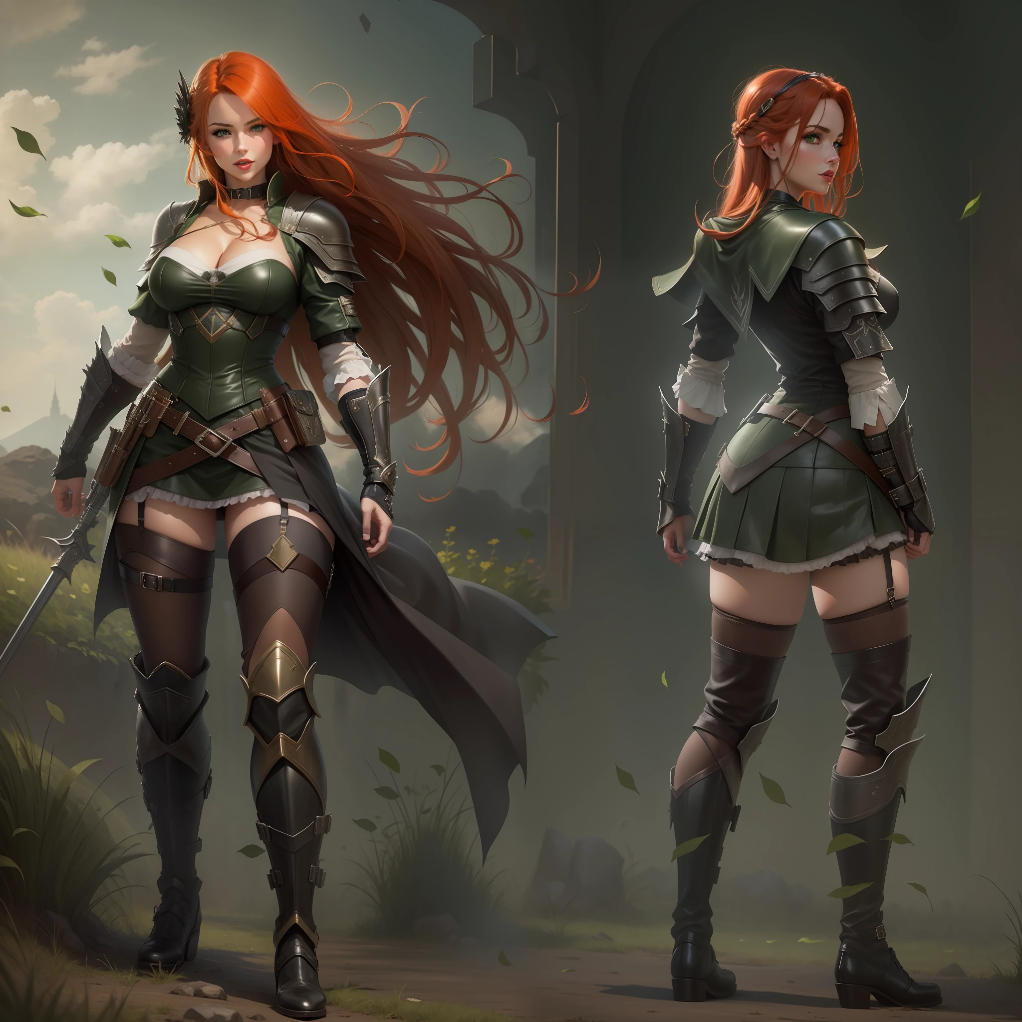 (masterpiece: 1.2), (best quality: 1.2), (highly detailed: 1.3), highres, best illustration, HDR, 4k, 8k, perfect lighting, green grassy field, wind breeze, full body, full body shot, solo, 1girl, perfect anatomy, perfect face, long red hair, hair braid, armor with striking details, leather skirt, garter feel, black gloves, cleavage, women's boots, detailed , mouth closed , green eyes, perfect lighting, epic realism
