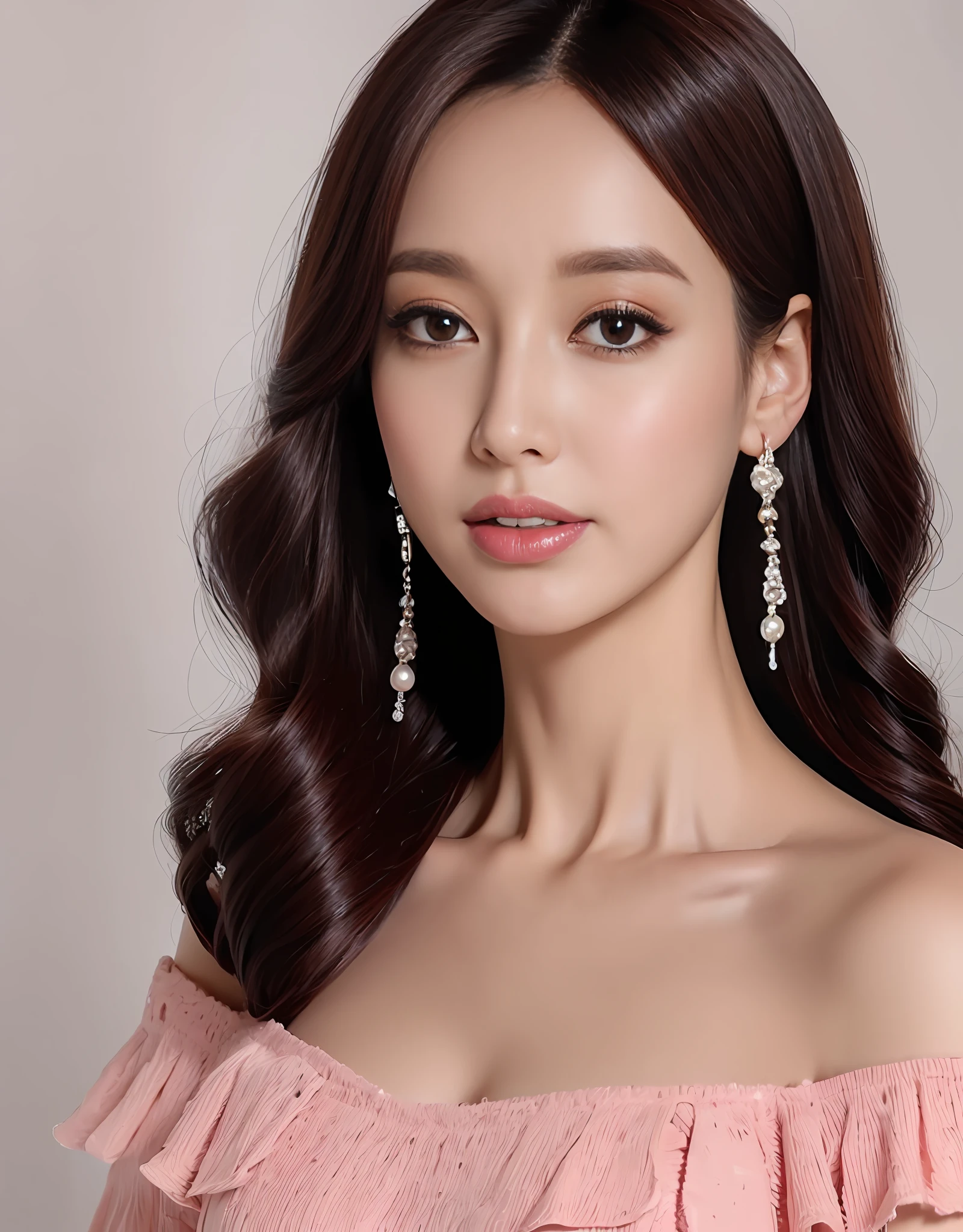 Close-up of woman in pink off-the-shoulder blouse, Curly black hair, Pearl hanging earrings. (8K, Best quality : 1.2), (Masterpiece, Photorealistic : 1.3), Super detail