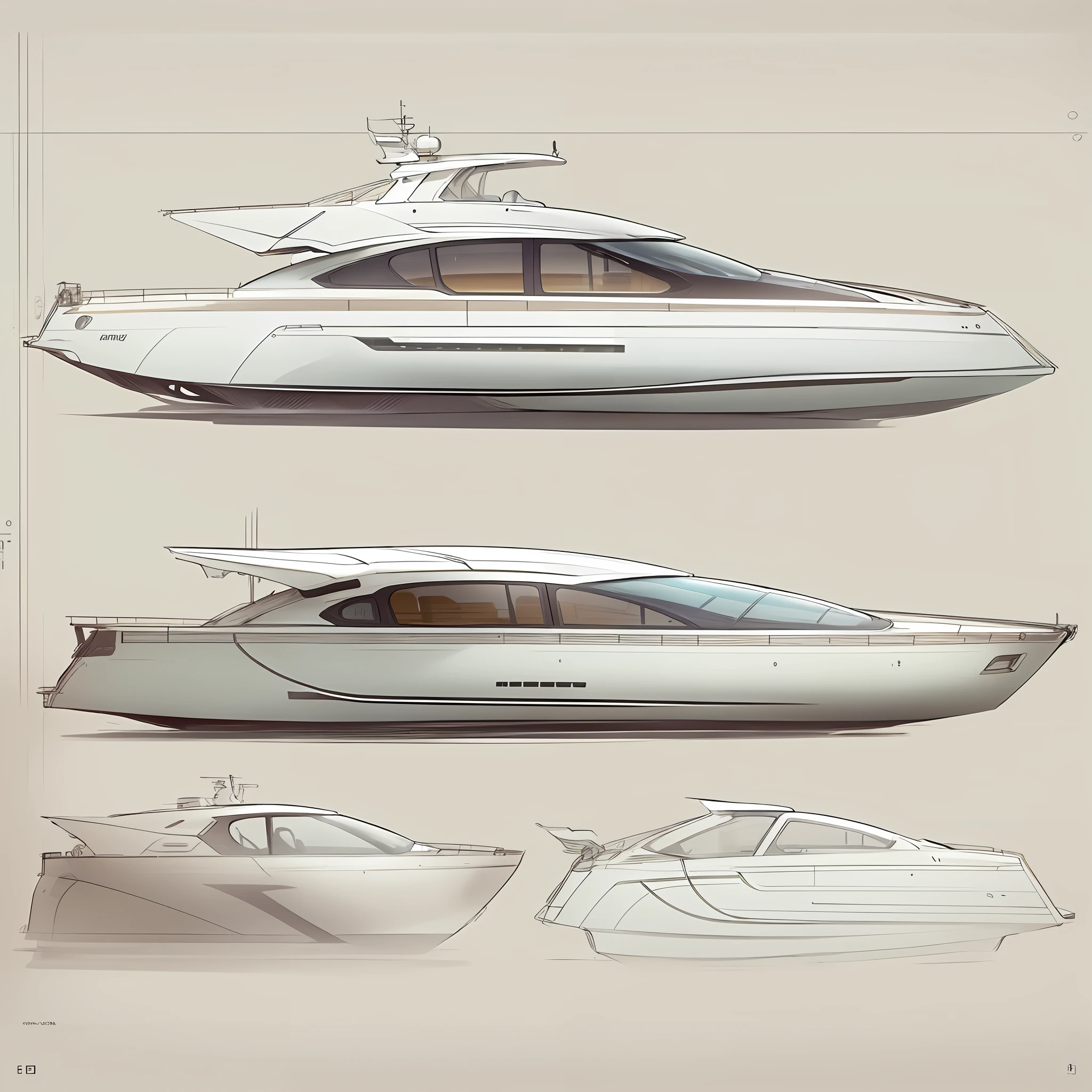 SKETCH DE BARCO CATAMARAM DE CORRIDA FUTURISTA melhor qualidade, (obra-prima:1.2), illustration, absurdos, tiro de PLANO inteiro, (Reviravolta: 1.4), Multiple views, vista frontal, Vista lateral, vista traseira, DESIGN OF A DESIGN MOCKUP OF A PROTOTYPE OF A BOAT --auto