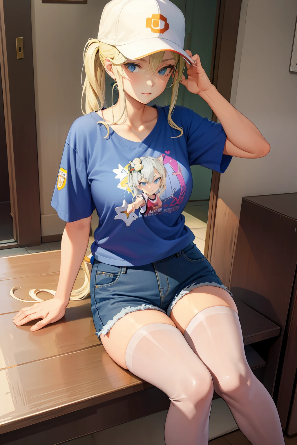 tmasterpiece， Best quality at best， absurderes， Perfect anatomy， 1girll， 独奏， Love Espada， long whitr hair， pony tails， nedium breasts， baseball cap， graphic t shirt， denim short， Shorts pantyhose， Sat down， stairways， exteriors， 城市， ssmile， Dutch angle， wide - angle shot，Hands on your back，are standing，is shy