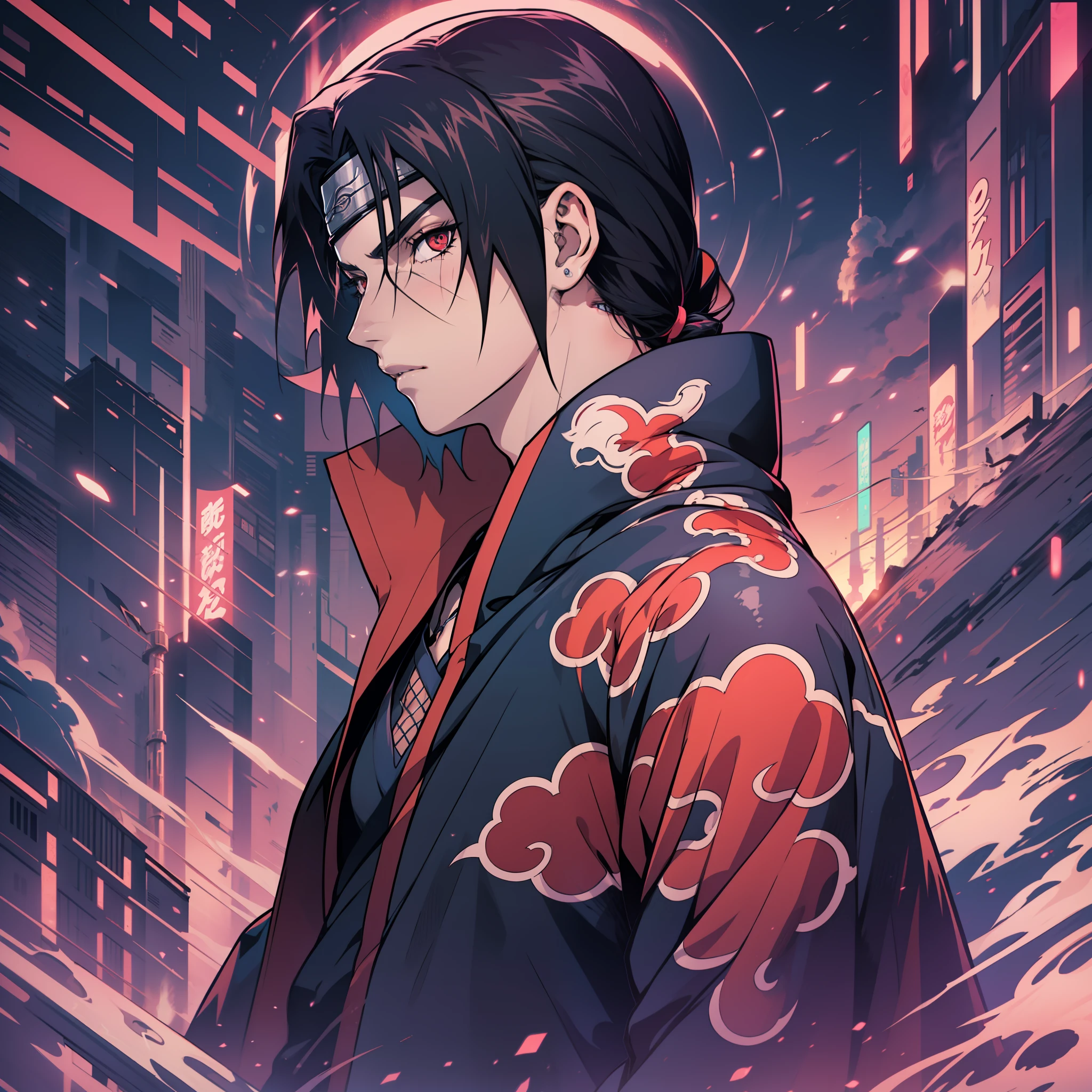 Uchiha Itachi,  estilo anime, Synthwave, corpo inteiro, 8k, altamente detalhado, obra prima, HD