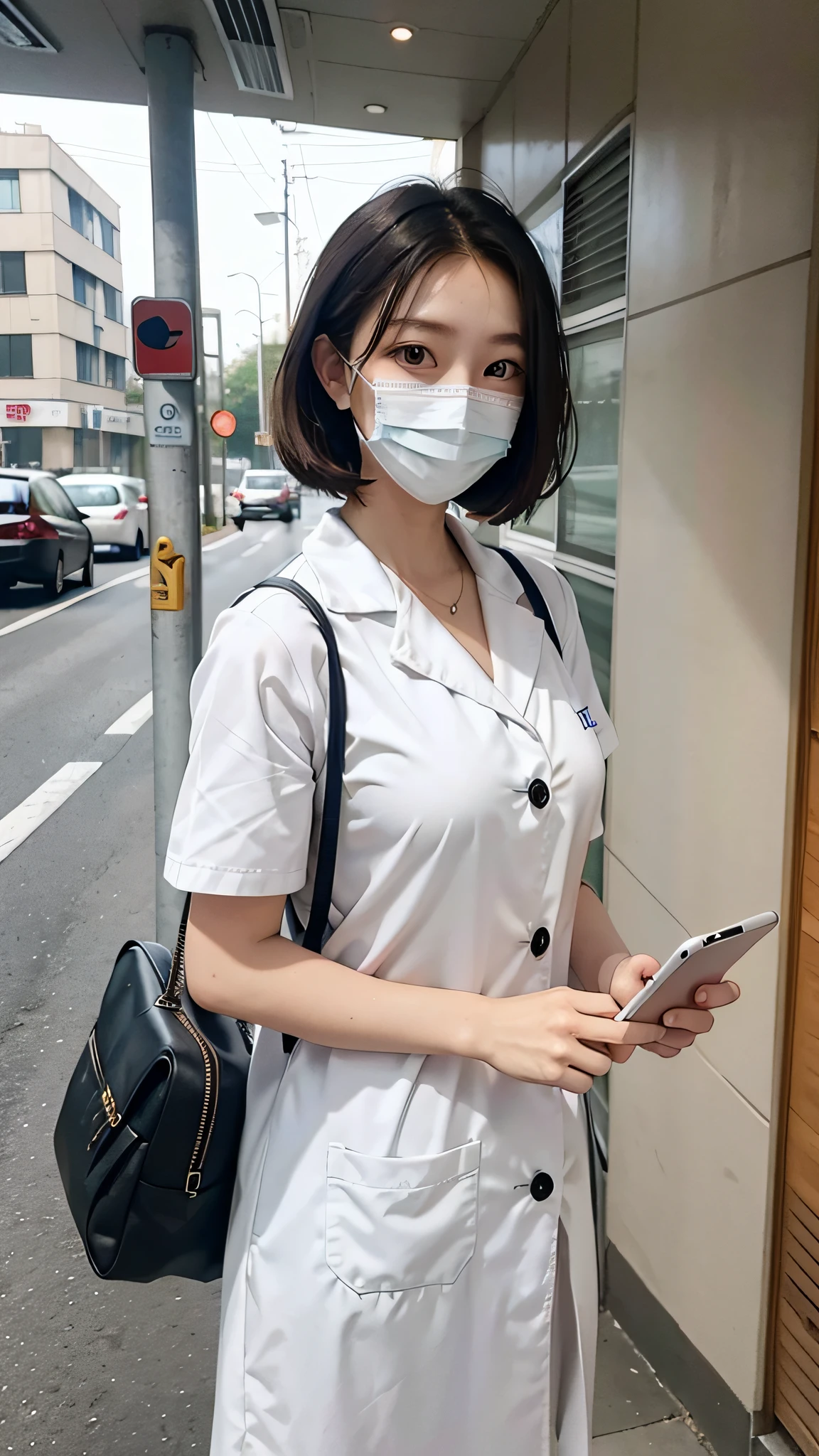 Hospital interior mask short-sleeved white coat nurse costume beauty,Fiddling with your phone in the middle of the street,Short clothes