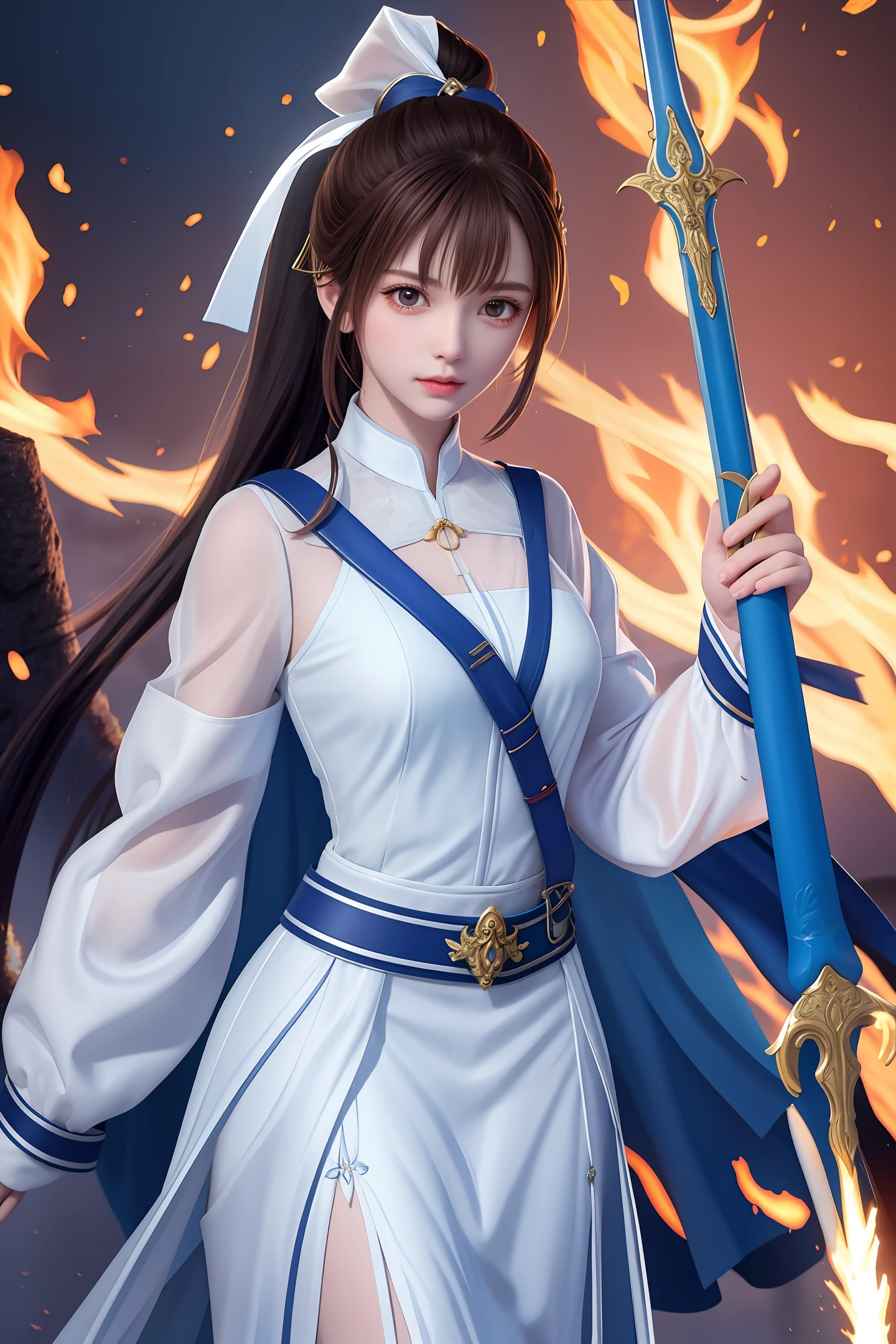 Mards,The sky is cracking,a sea of fire,An 18-year-old girl holds a 1-meter-white sword,The sword body emitted a faint blue sword qi,sword pointed at sky,Curvaceous,High ponytail,Wearing a white tulle suspender,There was a lot of blood on the clothes,The ground was covered in blood