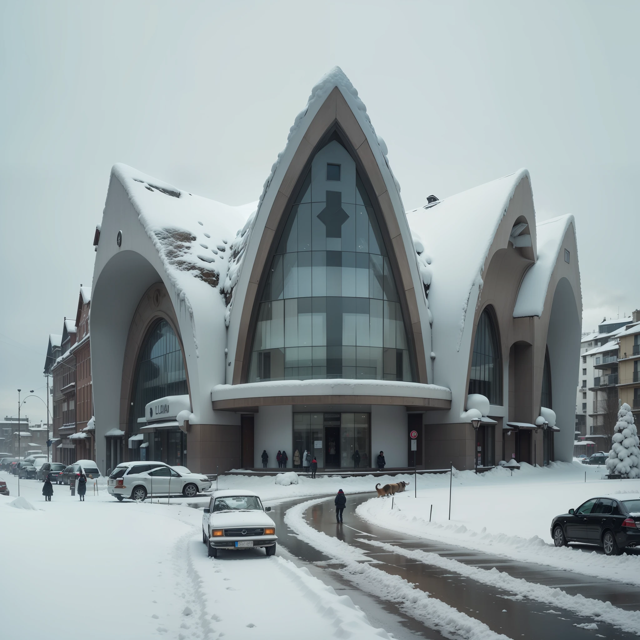 Museu moderno maravilhoso um grande centro da cidade , Carros, Beautiful , muita neve e frio, dia, algumas pessoas andando na rua, cold and sober climate, Antarctica, South Pole, arquitetura italiana, lo gothic, Architectural Brustalism. fotografia, totalmente detalhado