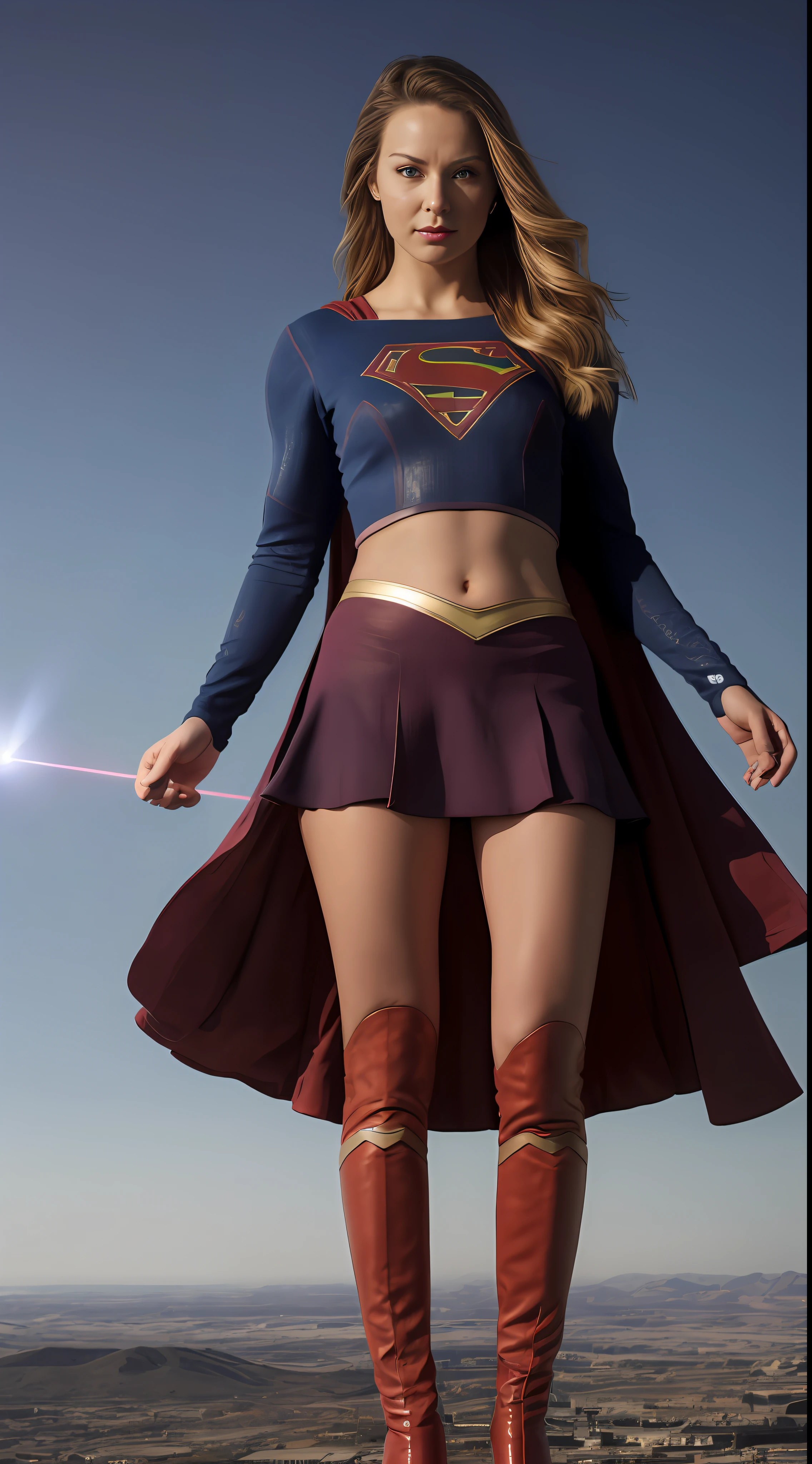 (((Towering over you))), face,supergirl Beautiful woman (20 years old, long blonde hair, blue eyes) defined body, detailed, using tube dress cosplay supergirl suite, smirking, standing on a planet in space with her full body in view, cosmic background, furrowed brow, ((midriff exposed)), city under her boots, angry, (((shooting lasers out of her eyes)))