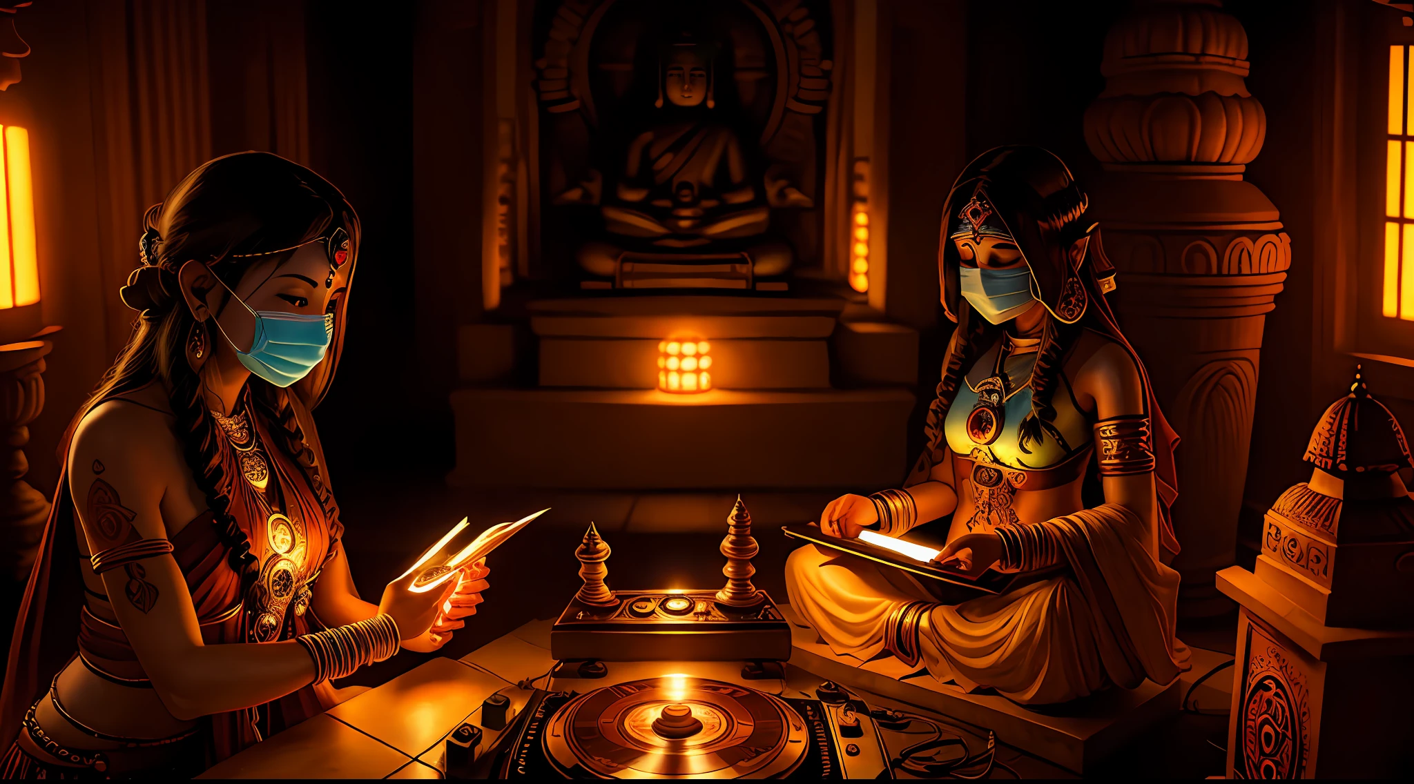 Ultra-detailed young tantric priestess with tattoos and percings and an ironman mask mixing music on a record player at a Hindu temple next to a photorealistic Buddha statue --auto