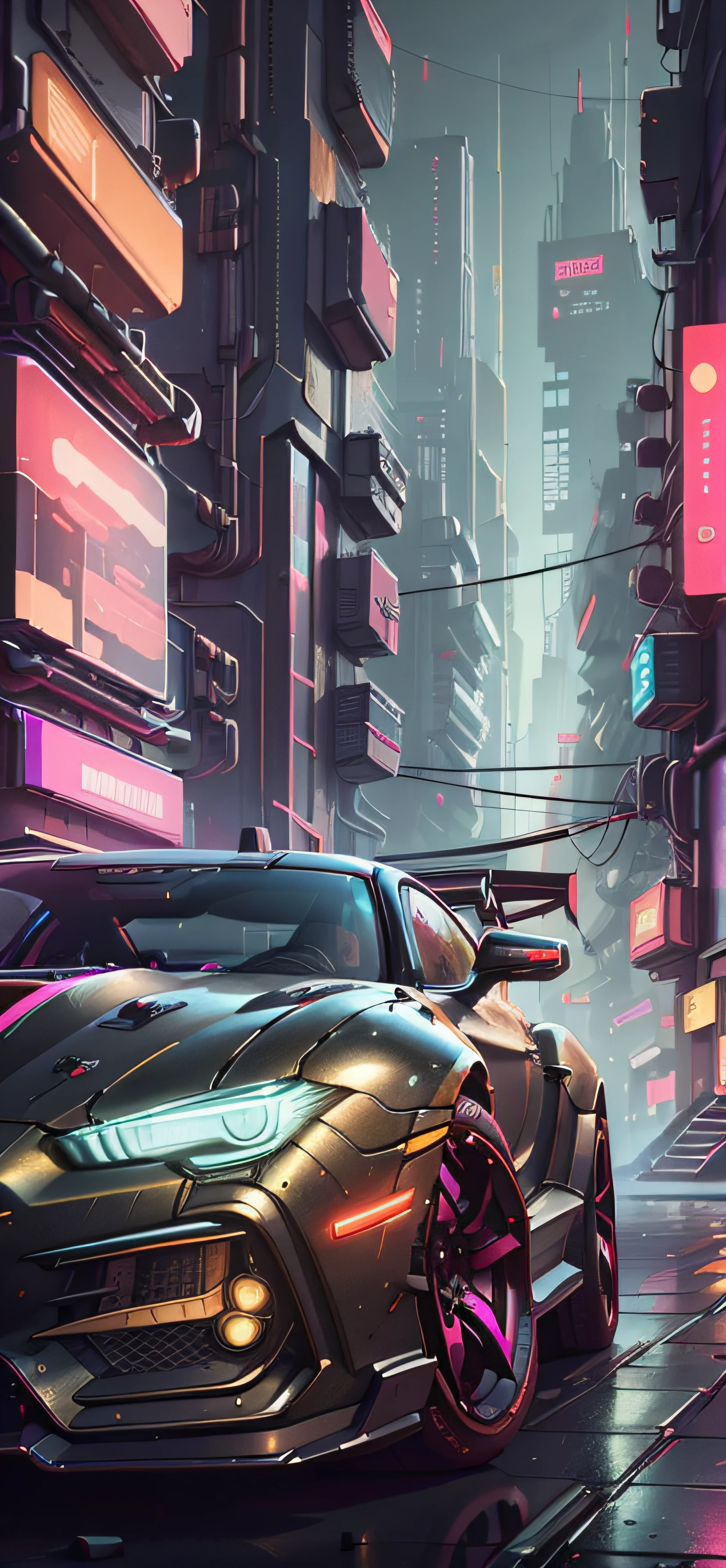 a red and black futuristic car in a cyberpunk city, Cyberpunk 2077, cyberpunk city, cyberpunk wallpaper, 4k, 8k, detailed background, masterpiece, best quality, ornament, neon, glowing, graffiti, dark, night, blacklight, rich colors, vibrant colors, deep colors OLED colors