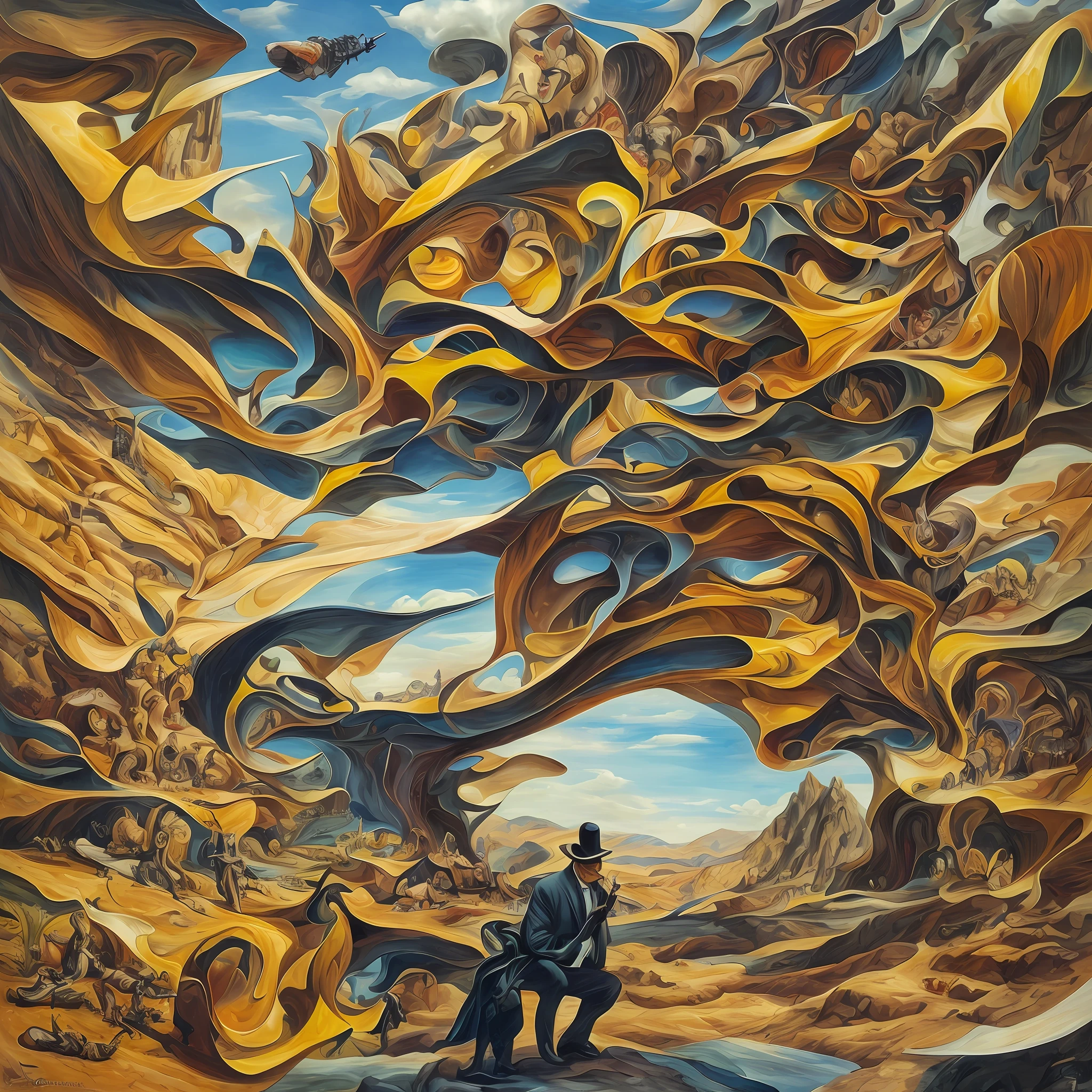 painting of a man with a hat and a knife in the middle of the desert Dali style, Estilo de Salvador Dali, por Dali, inspirado em Dali, Estilo Dali, Estilo Salvador Dali, Directed by: Salvador Dalí, uma pintura surrealista, Surrealiamo . Creating unrealistic scenes; Pensamento livre; Valuing the unconscious; Creation of parallel reality.Appreciation of fantasy, of madness and the use of automatic reaction. deixar-se levar pelo impulso, recording everything that comes to mind, without worrying about logic. --auto