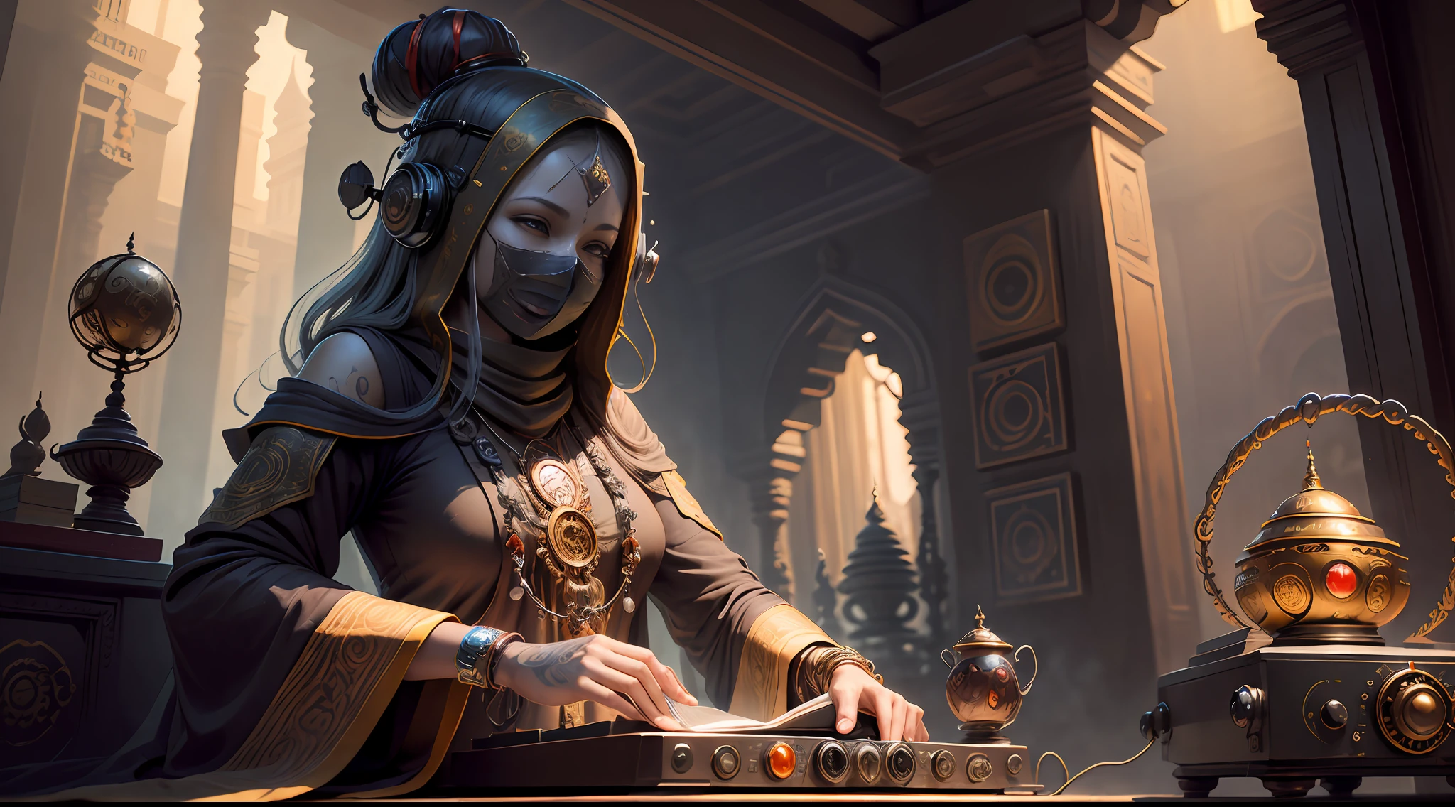 Ultra-detailed young tantric priestess with tattoos and percings and an ironman mask mixing music on a record player at a Hindu temple next to a photorealistic Buddha statue --auto